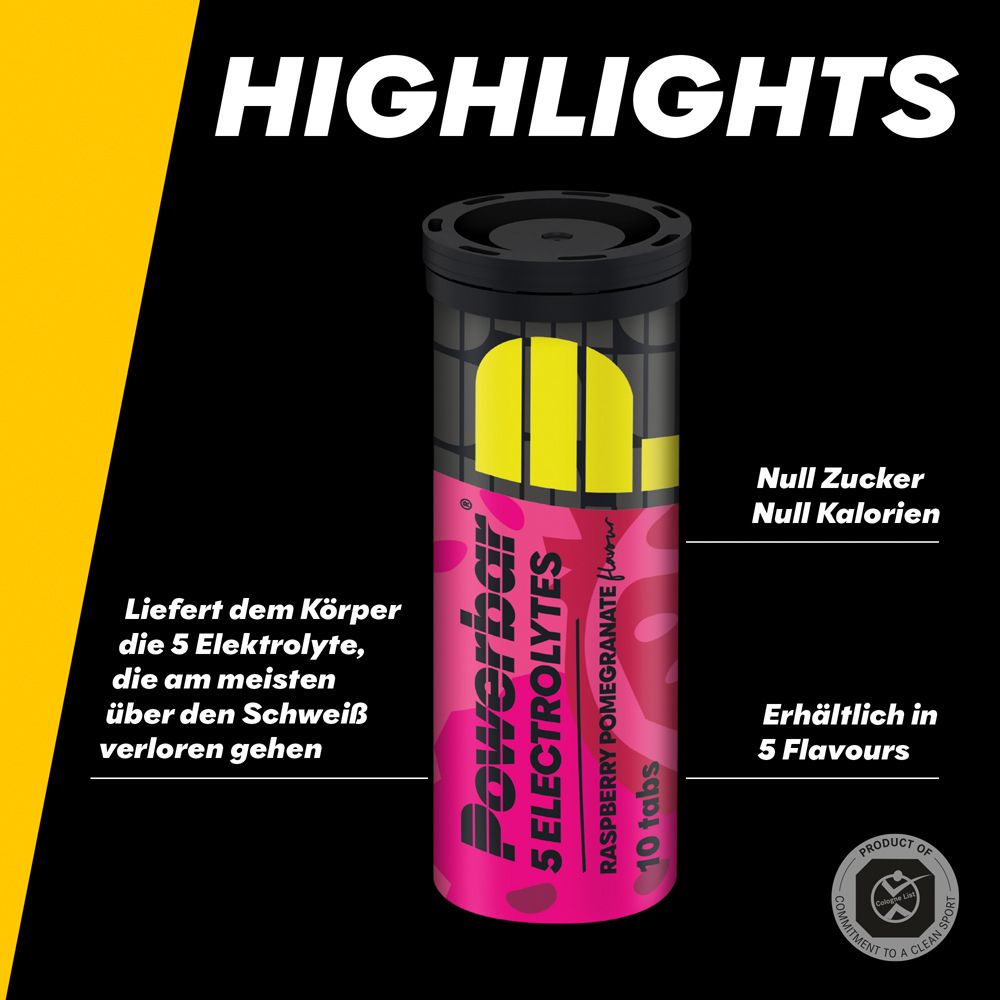 Confezione Powerbar 5 Electrolytes, lampone-melograno. Zero zuccheri, zero calorie. Disponibile in 5 gusti.