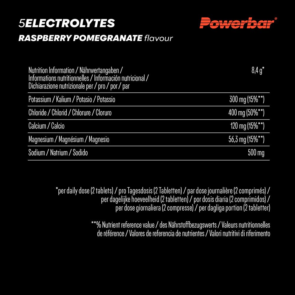 Informazioni nutrizionali per Powerbar 5 Electrolytes. Contiene potassio, cloruro, calcio, magnesio e sodio.