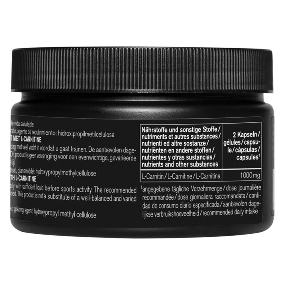 Barattolo nero con testo. Retro con informazioni sugli ingredienti e dosaggio.