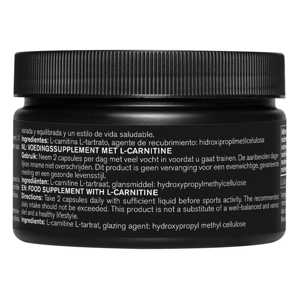 Barattolo nero con testo. Retro con informazioni sugli ingredienti e l'uso.