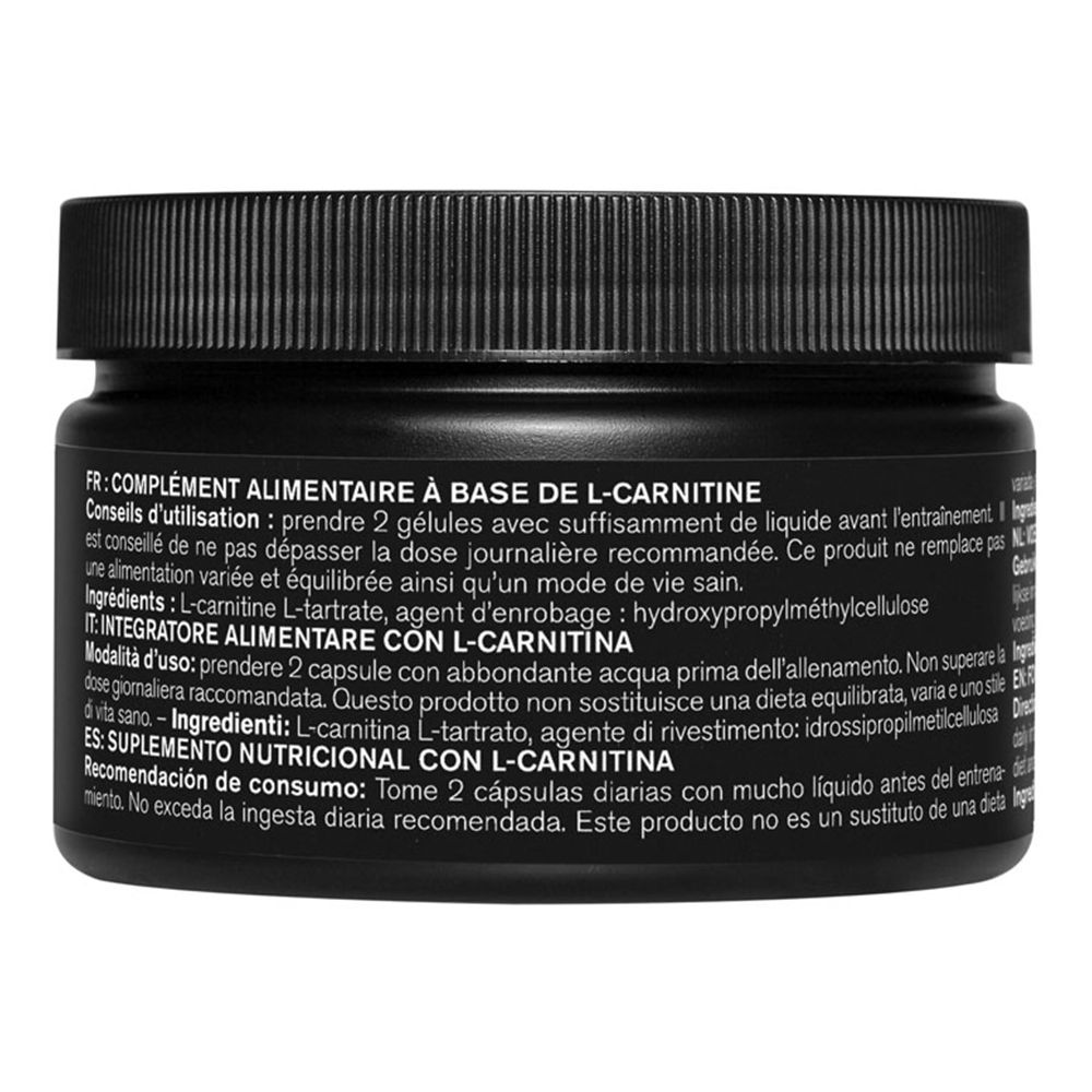 Barattolo nero con testo. Retro con informazioni sugli ingredienti e l'uso.
