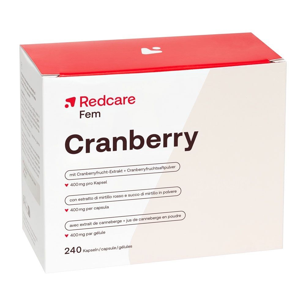 Confezione di Redcare Fem Cranberry da 240 capsule, 400mg per capsula.