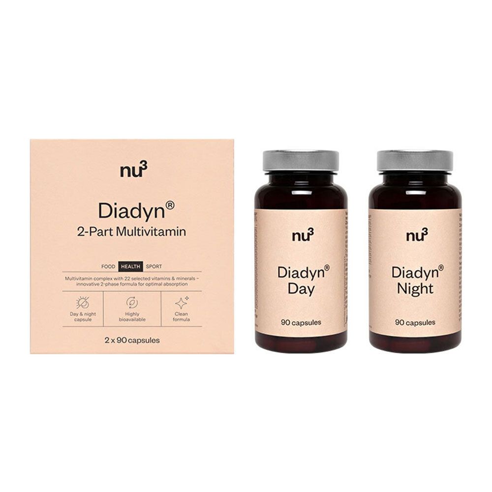 Due flaconi e una scatola con "nu3 Diadyn 2-Part Multivitamin". Contiene capsule giorno e notte.