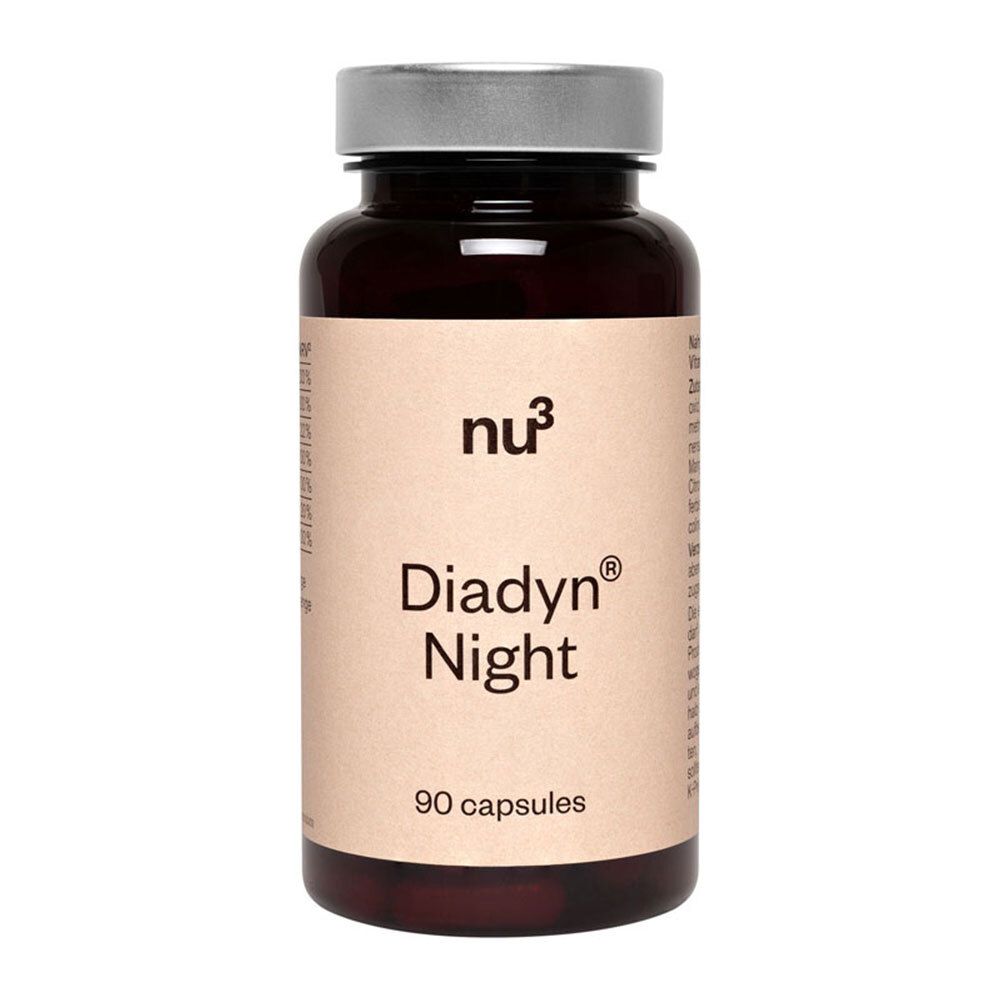 Flacone marrone con coperchio nero. Scritta "nu3 Diadyn Night" e "90 capsule".