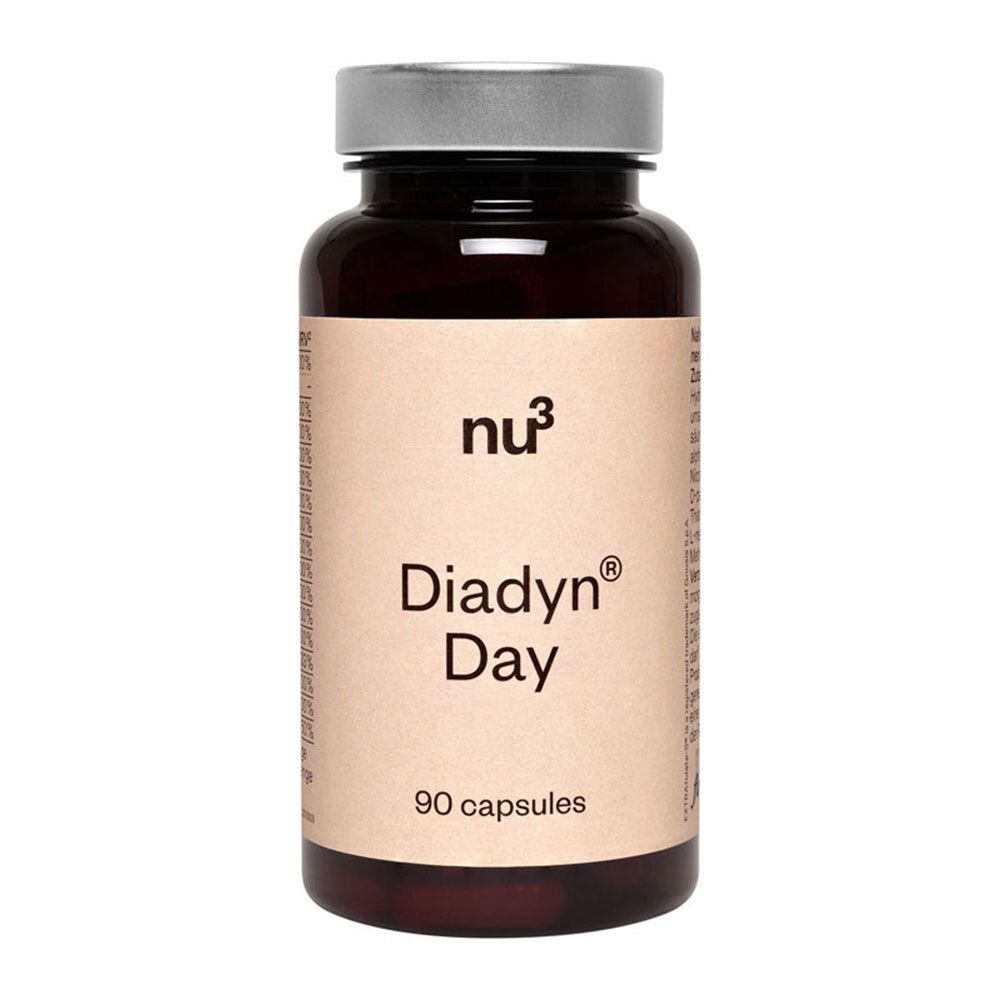 Flacone marrone con coperchio nero. Scritta "nu3 Diadyn Day" e "90 capsule".