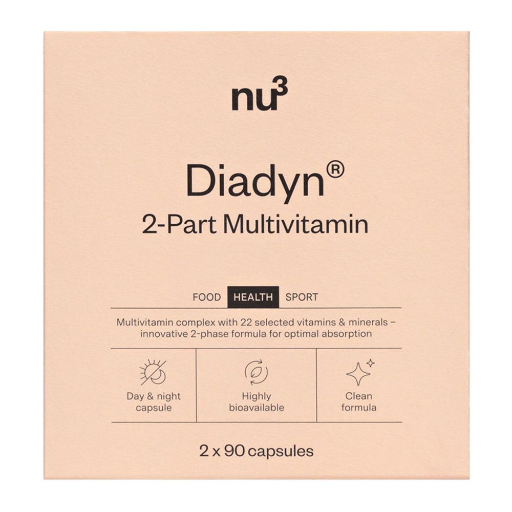 Scatola beige con "nu3 Diadyn 2-Part Multivitamin". Contiene informazioni sugli ingredienti e l'uso.