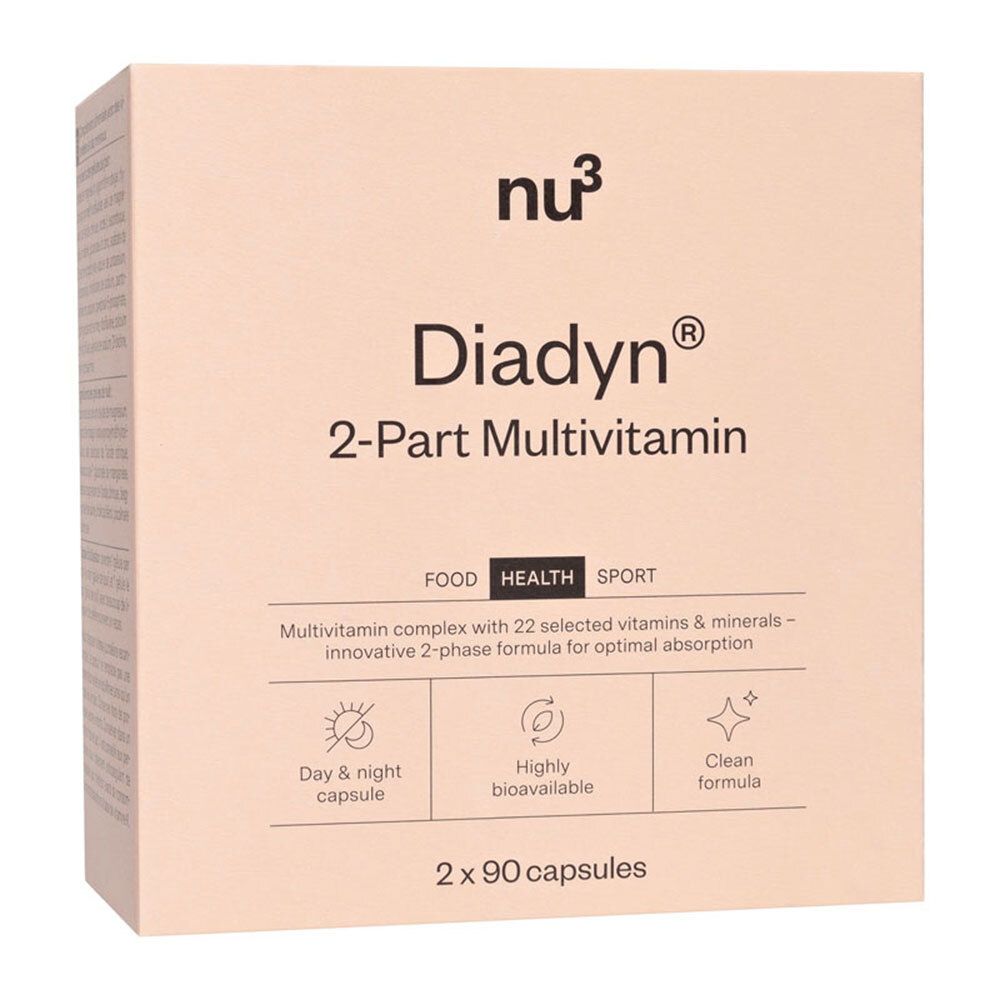 Scatola beige con la scritta "nu3 Diadyn 2-Part Multivitamin".