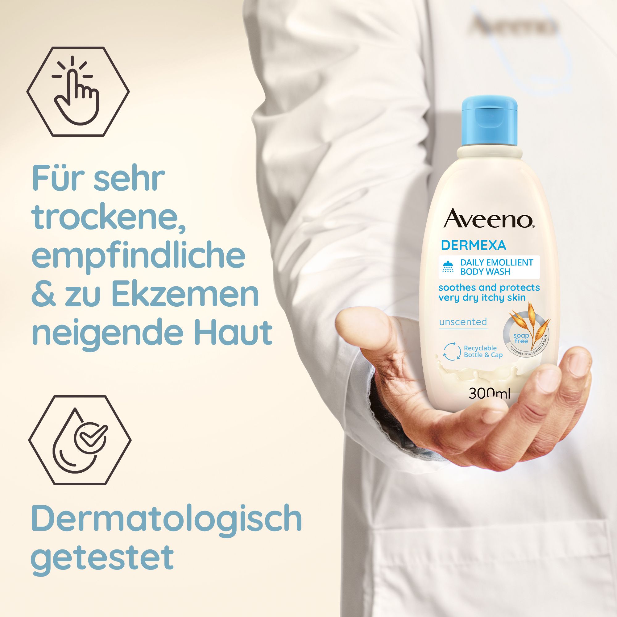 Aveeno Dermexa Daily Emollient Body Wash, 300ml, in flacone bianco con tappo blu.