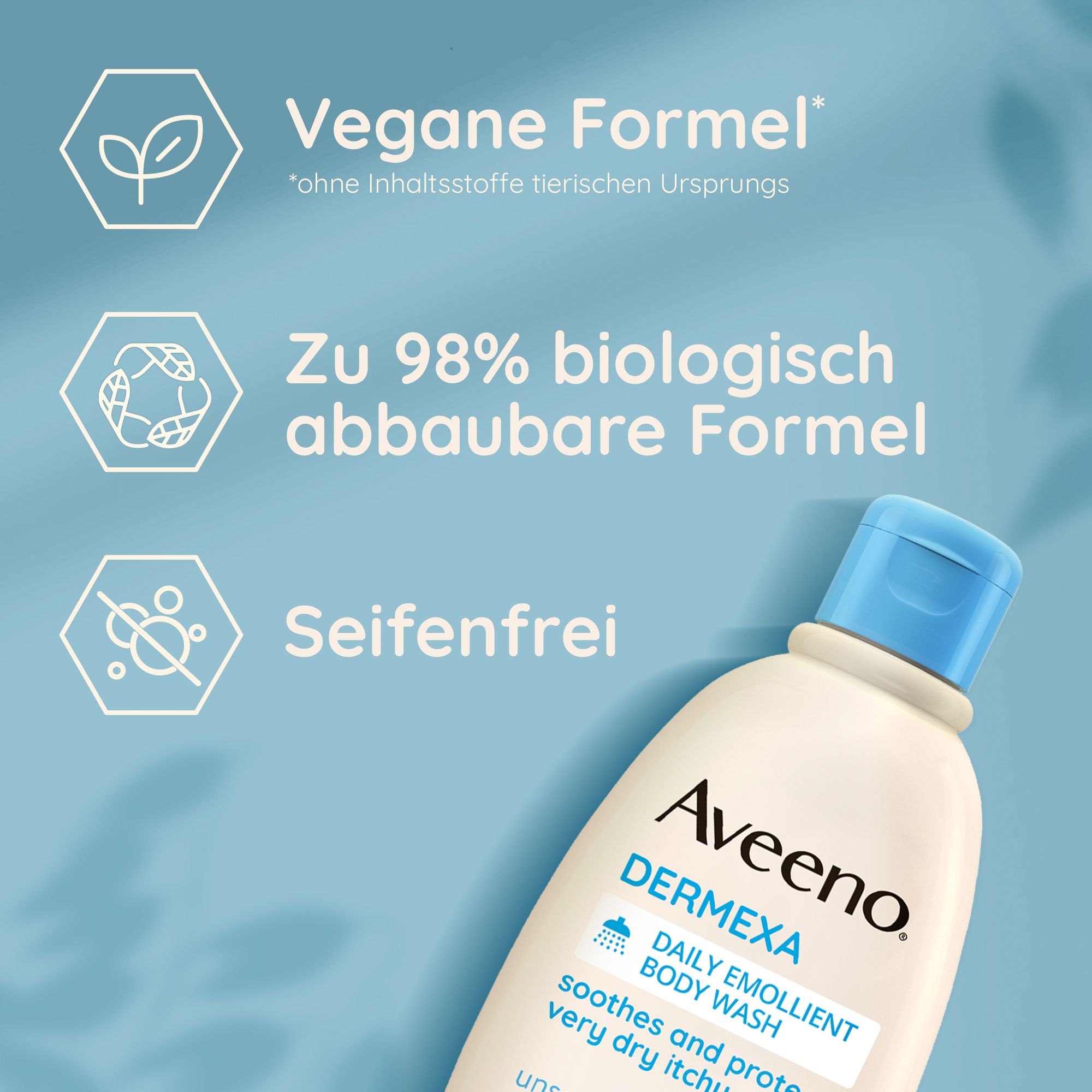 Flacone Aveeno Dermexa Daily Emollient Body Wash con tappo blu. Formula vegana, biodegradabile, senza sapone.