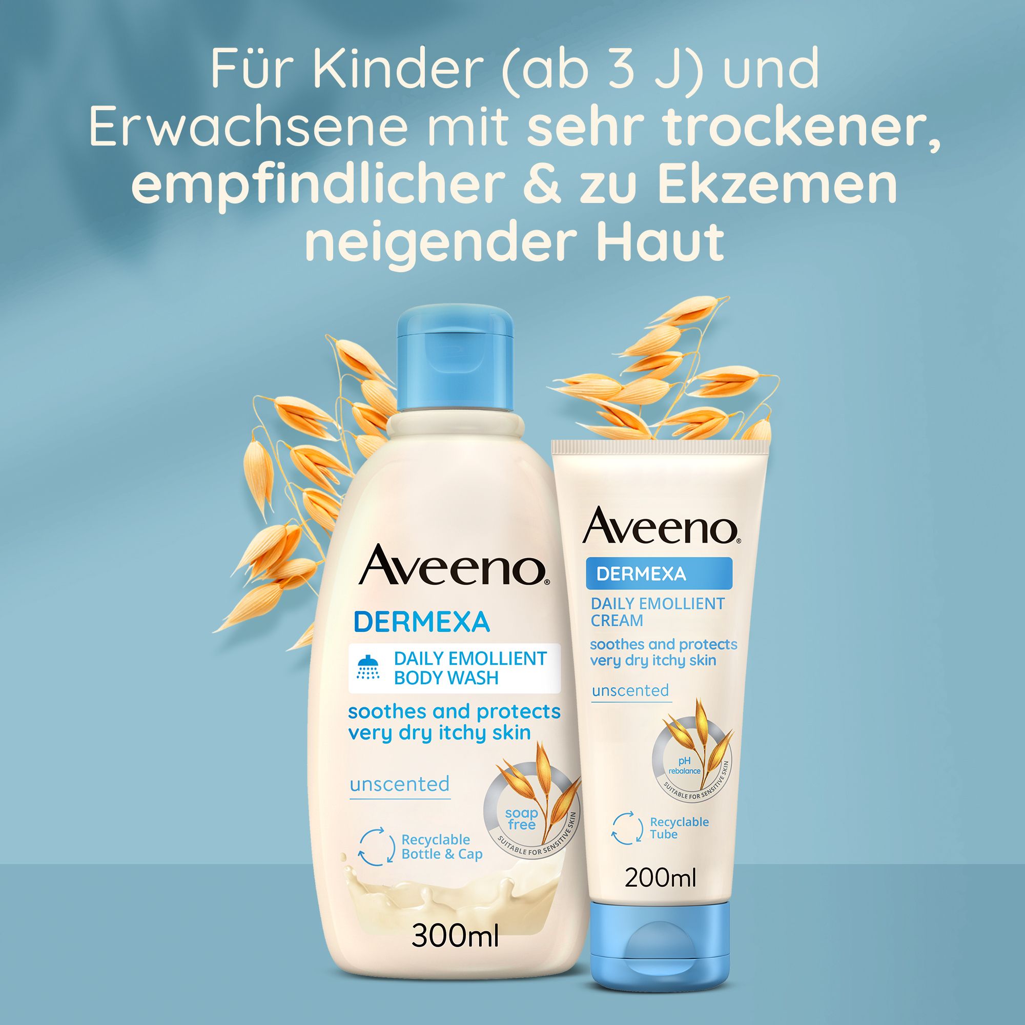 Aveeno Dermexa Bagnoschiuma (300ml) e Crema Emolliente Quotidiana (200ml) per pelli secche e sensibili.