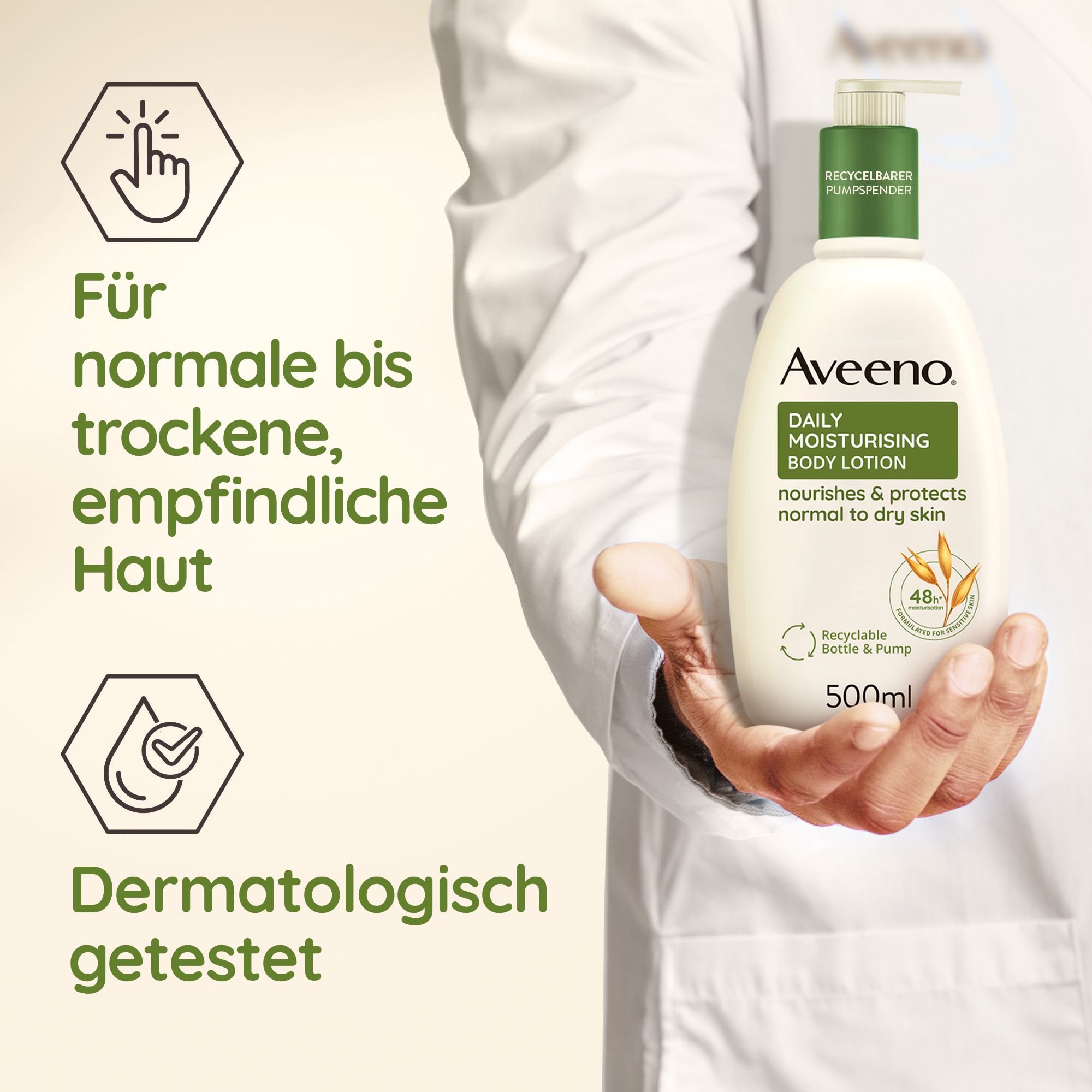 Persona tiene Aveeno Daily Moisturising Bodylotion. Testo: Per pelli da normali a secche, sensibili. Dermatologicamente testato.