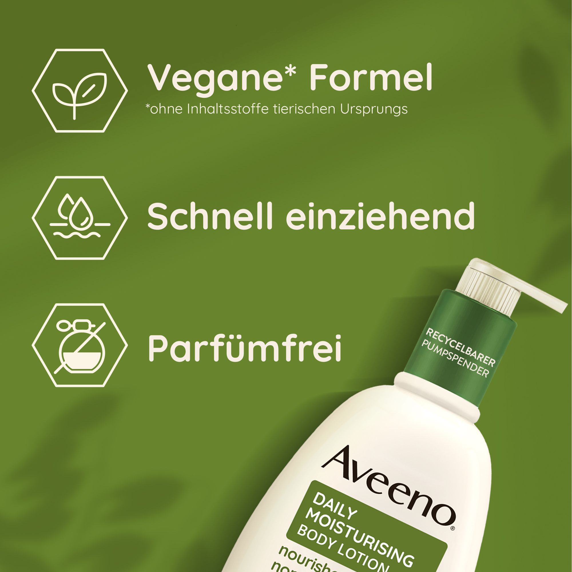 Aveeno Daily Moisturising Bodylotion. Testo: Formula vegana, rapido assorbimento, senza profumo. Sfondo verde.