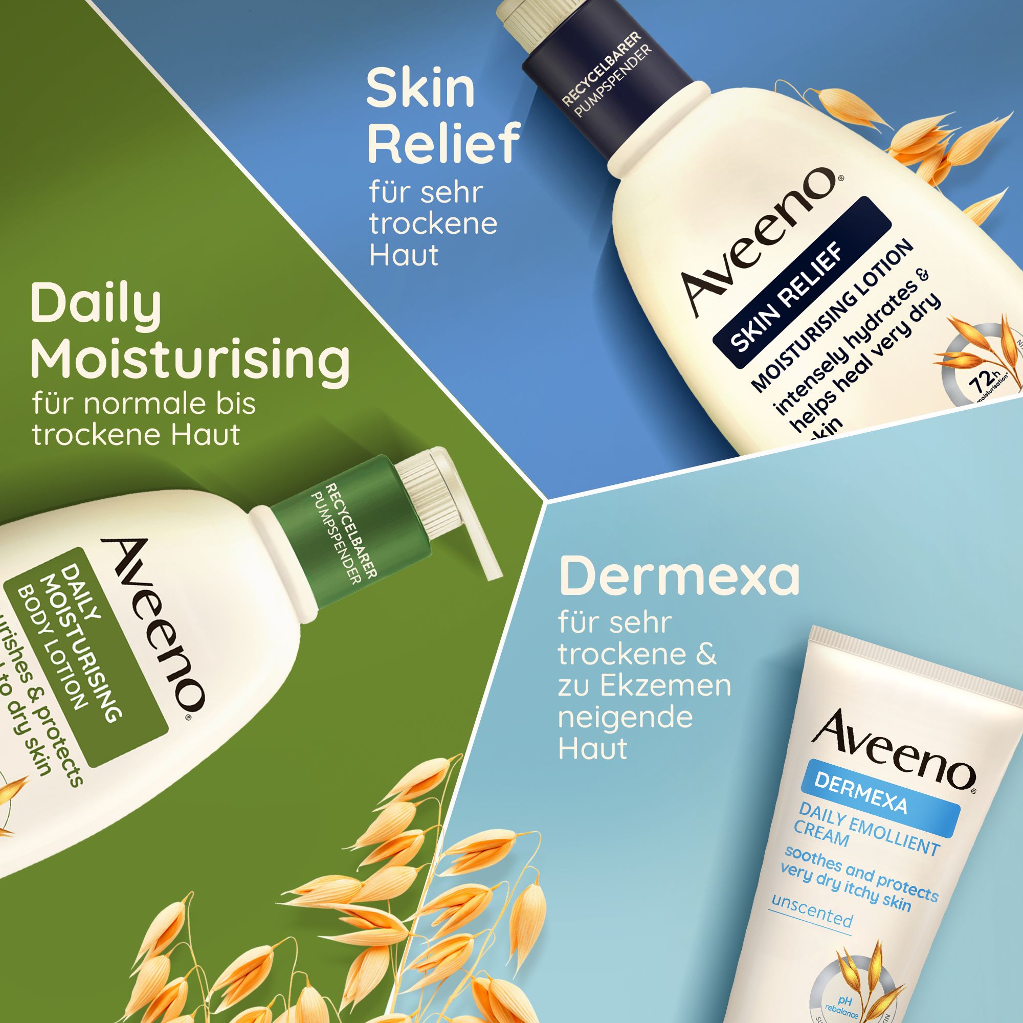 Panoramica dei prodotti Aveeno. Prodotti: Daily Moisturising, Skin Relief, Dermexa. Flaconi e tubo.