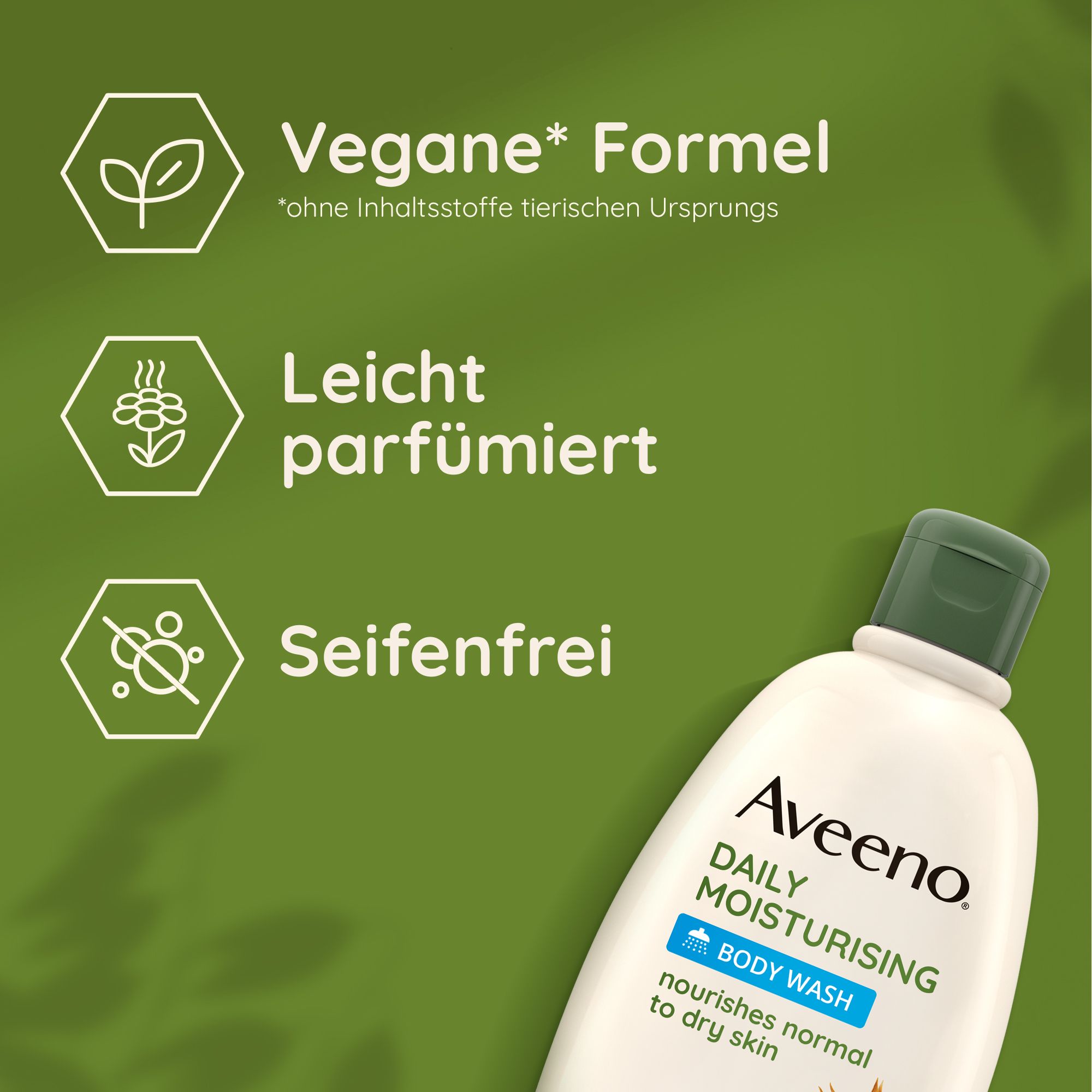 Aveeno Daily Moisturising Body Wash: Formula vegana, leggermente profumata, senza sapone. Flacone con tappo verde.