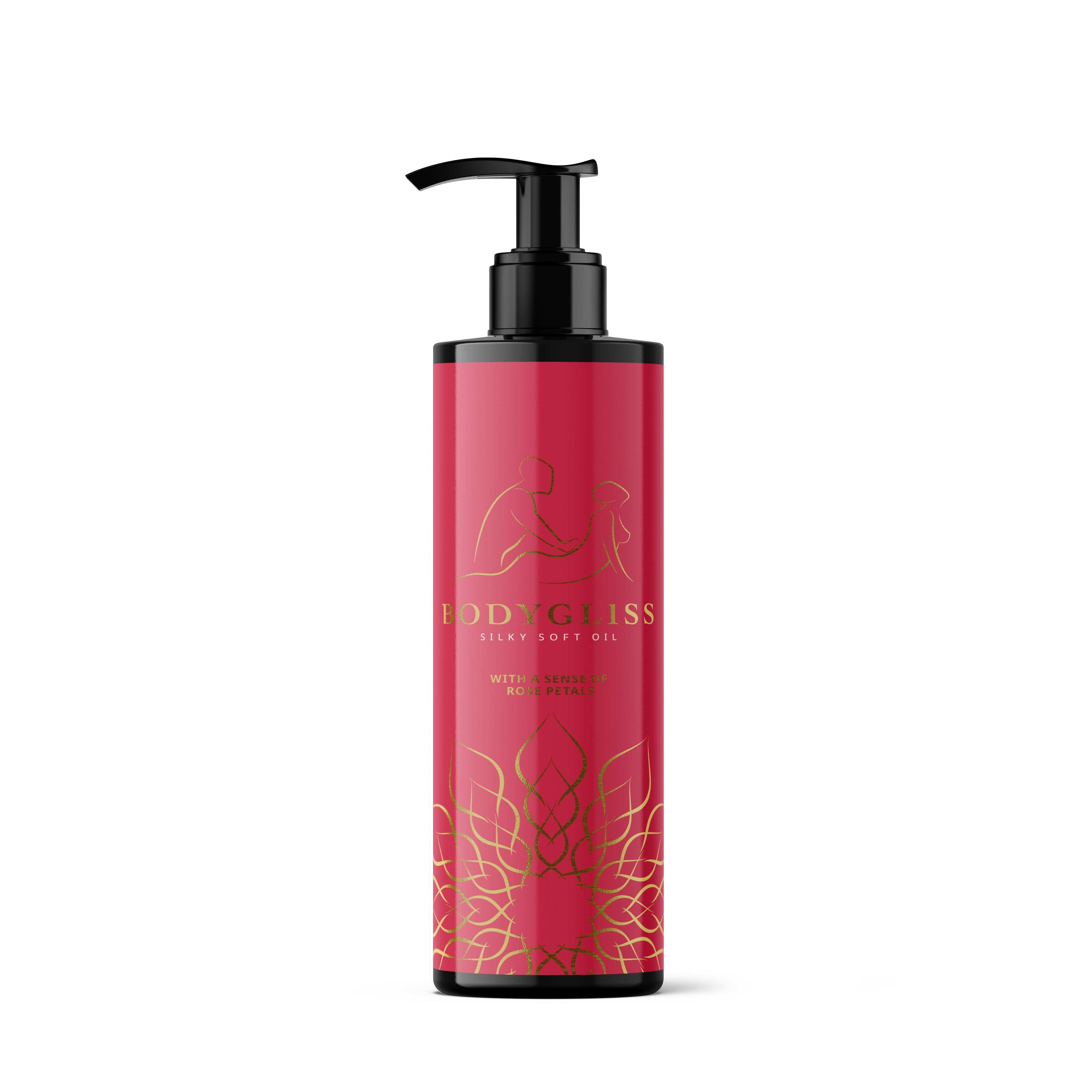 Flacone con erogatore, confezione rossa con scritta dorata 'BODY GLISS SILKY SOFT OIL'.