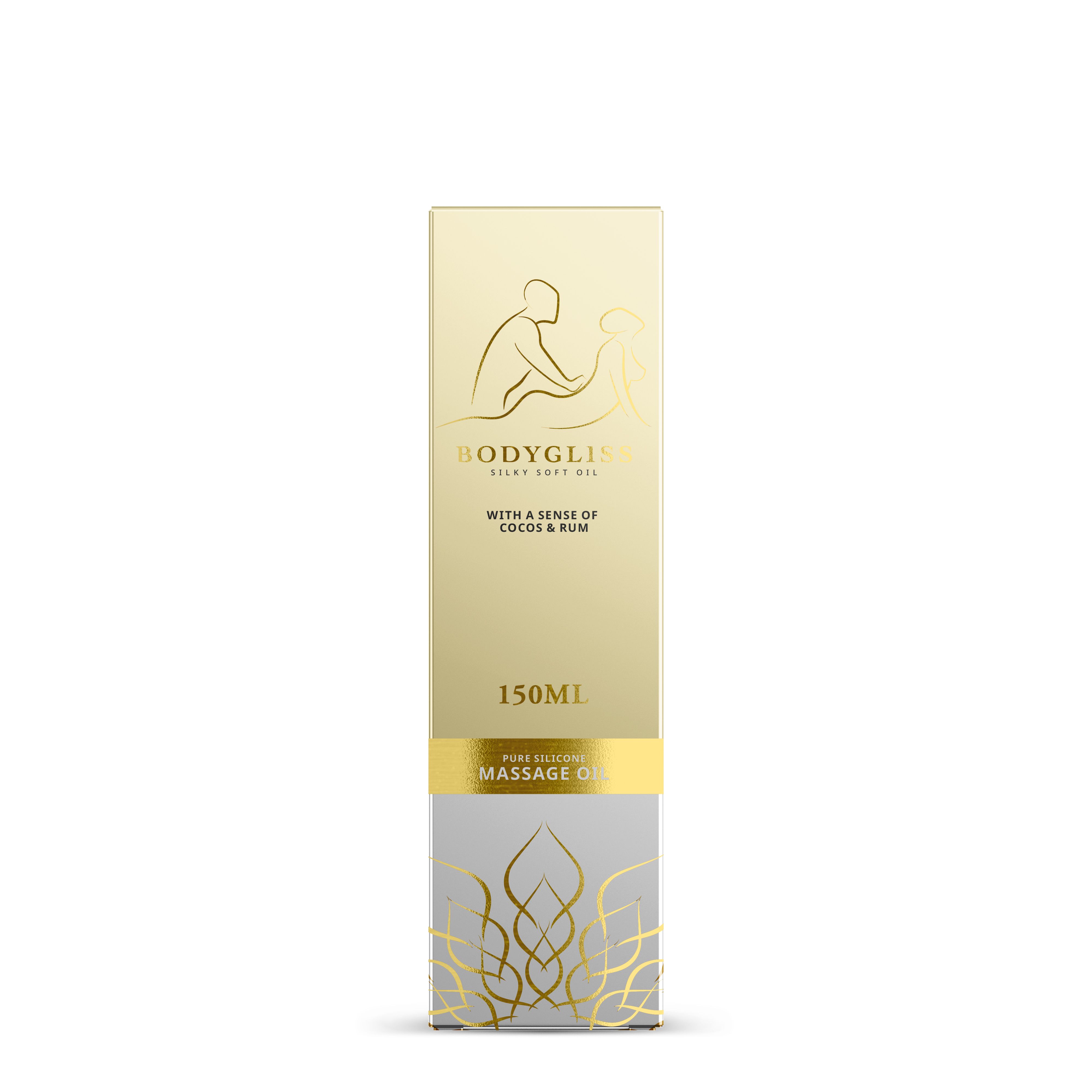 Confezione dorata per olio da massaggio, 150ml, profumo cocco e rum.