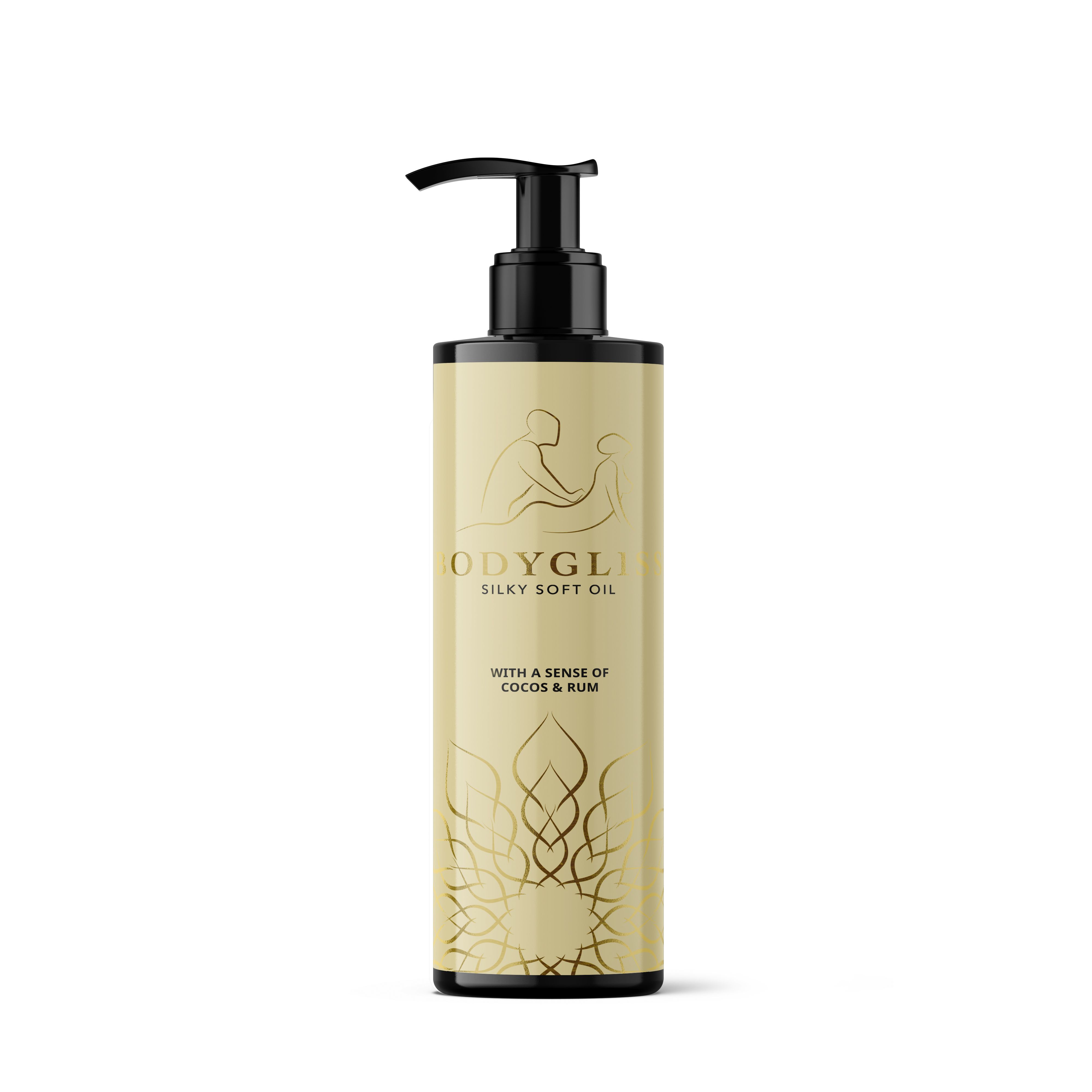 Flacone con erogatore, color oro, con scritta 'ODYGLOW SILKY SOFT OIL'.