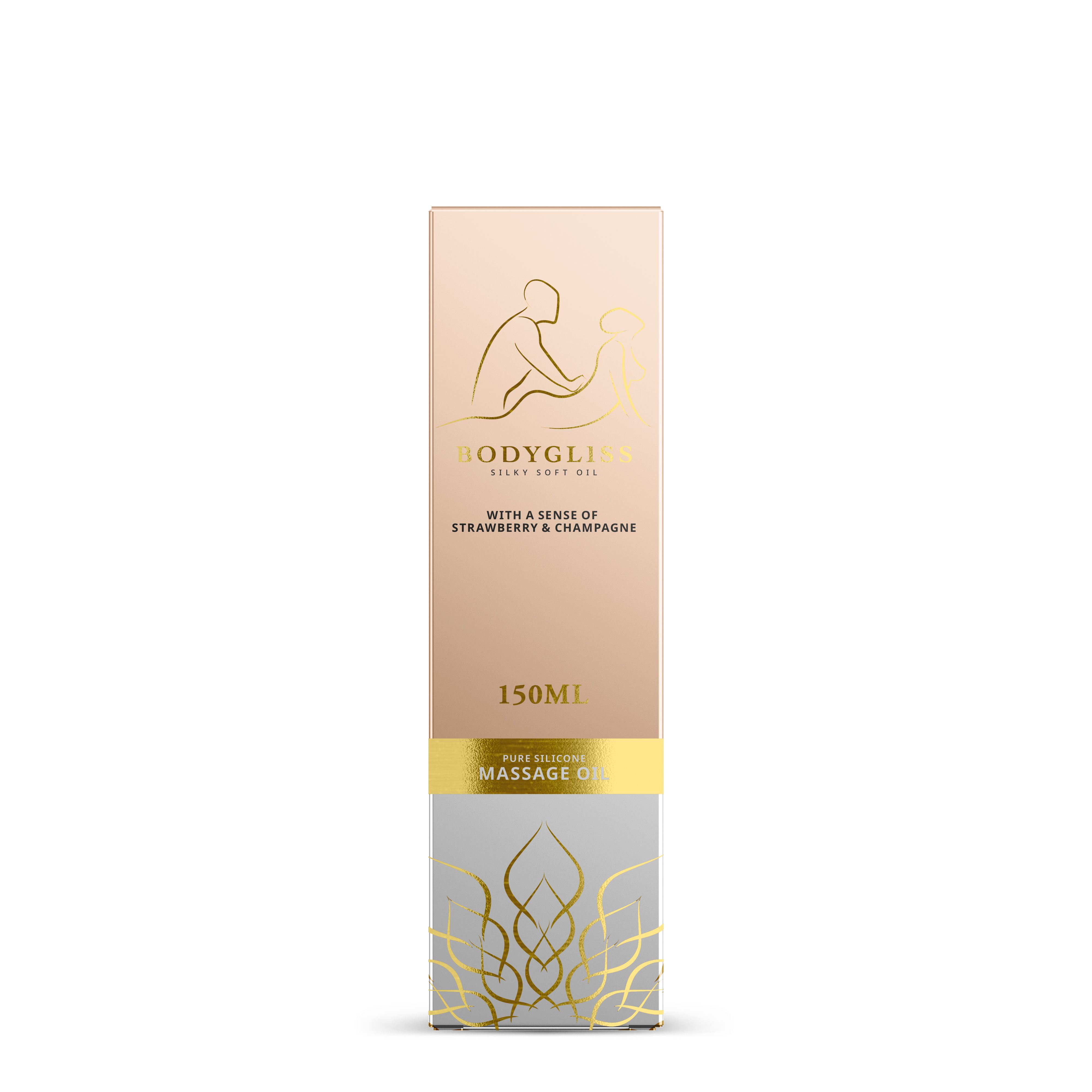 Olio da massaggio Bodygliss 150ml al profumo di fragola e champagne. Scritta dorata su scatola rosa e bianca.