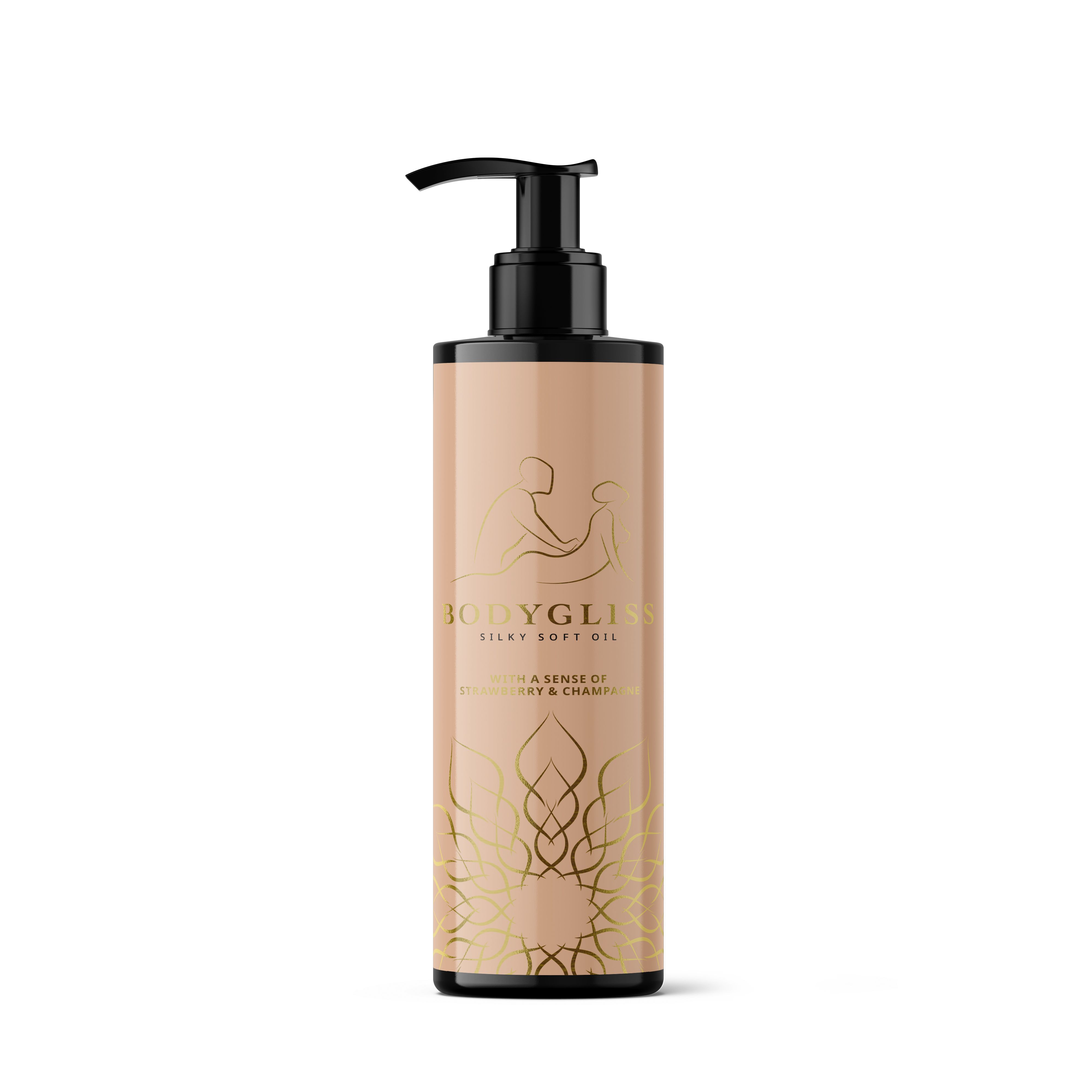 Flacone con erogatore, rosa chiaro con scritte dorate e decorazioni. Contiene 'BODYGLISS SILKY SOFT OIL'.