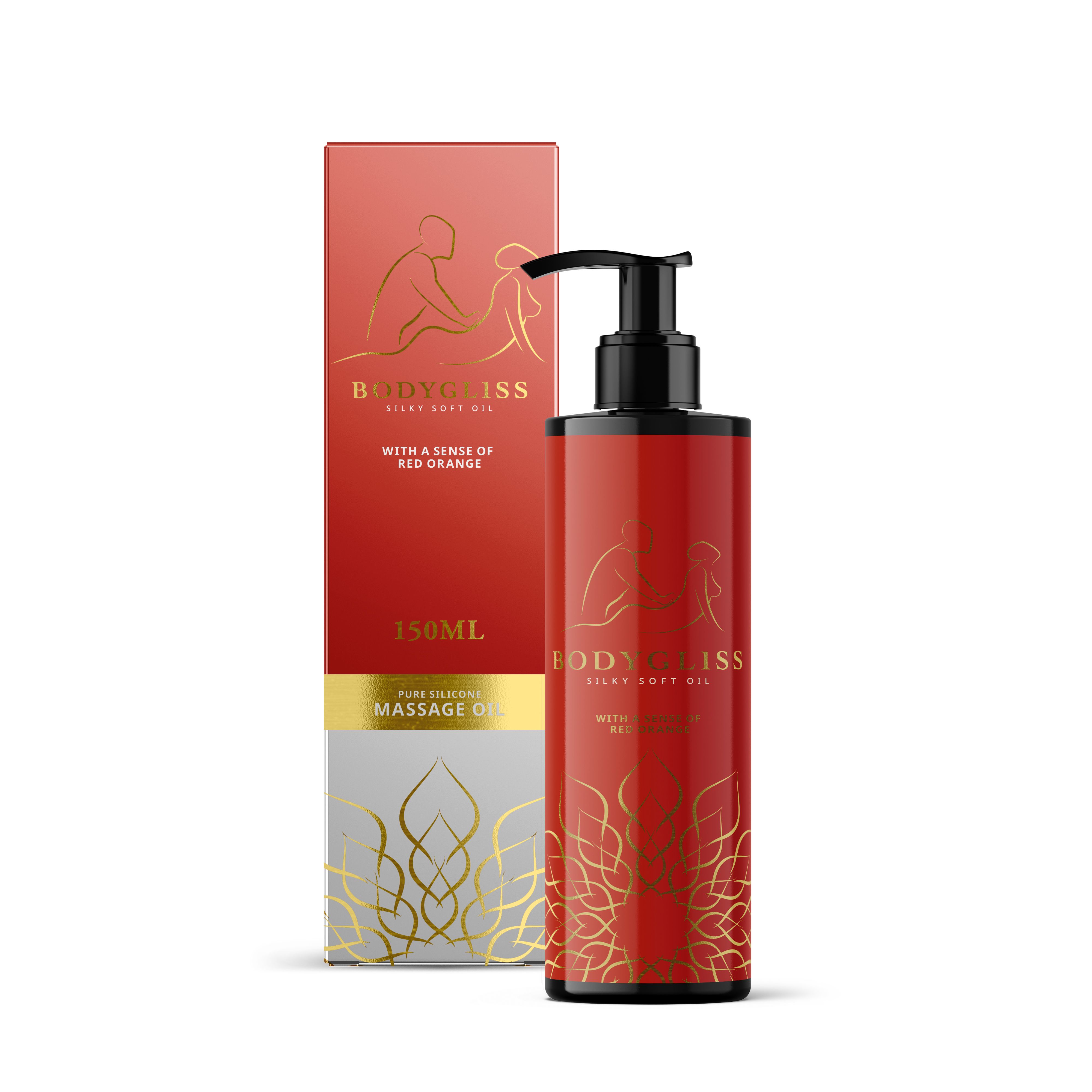 Flacone e confezione rossi. Scritta: BodyGliss, olio per massaggi, 150ml. Con dosatore.