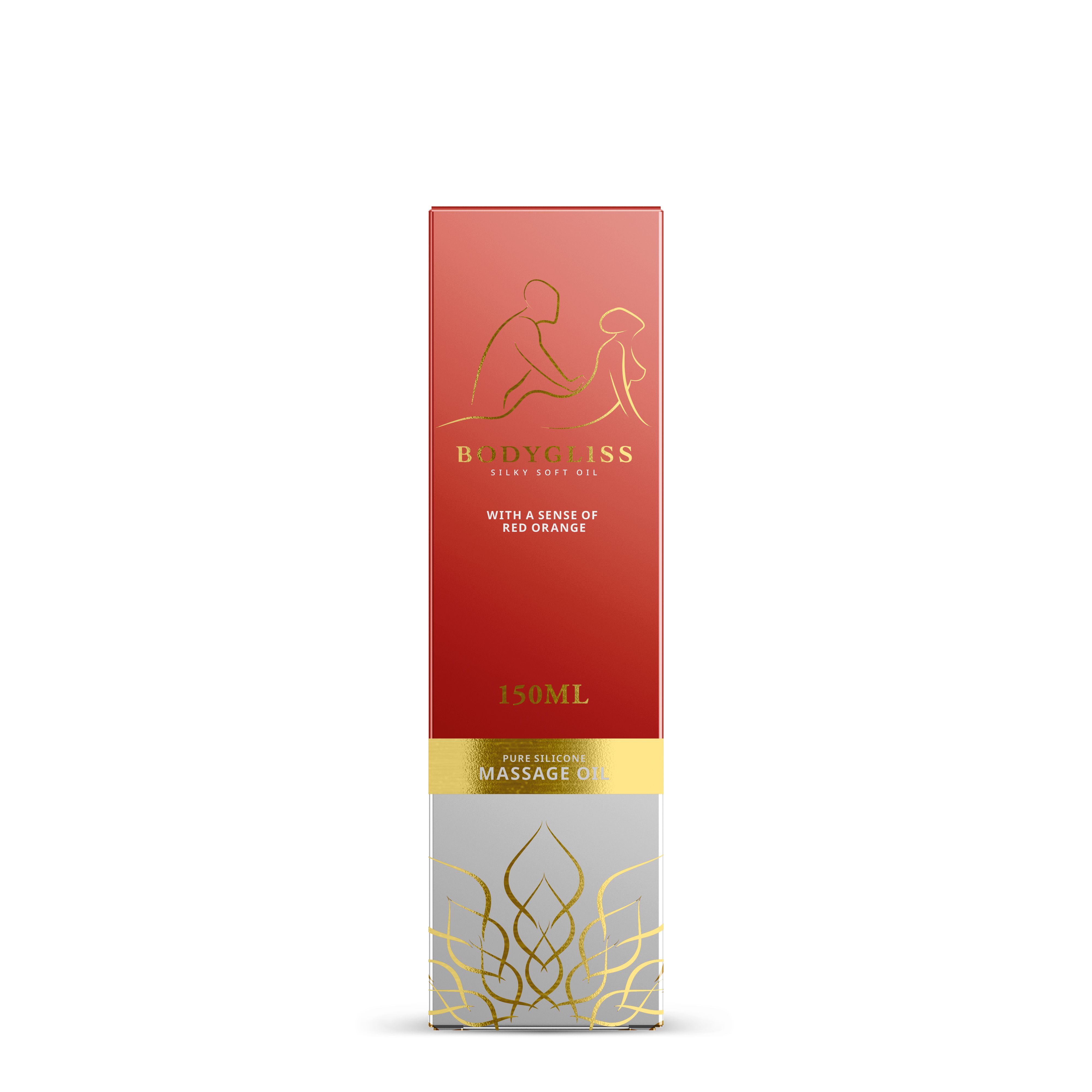 Confezione rossa. Scritta: BodyGliss, olio per massaggi, 150ml. Decorazioni dorate.