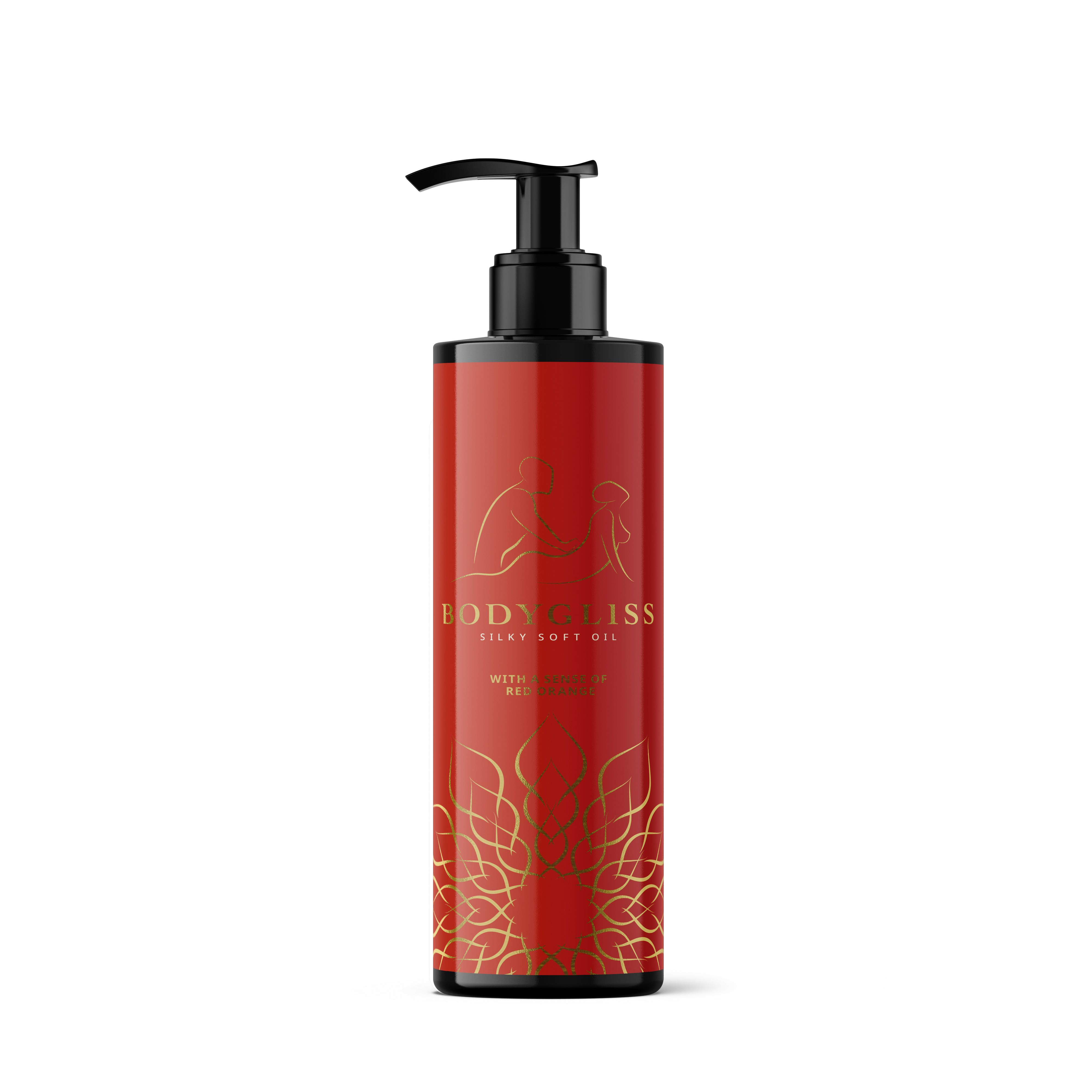 Flacone rosso con dosatore. Scritta: BodyGliss, olio per massaggi. Decorazioni dorate.