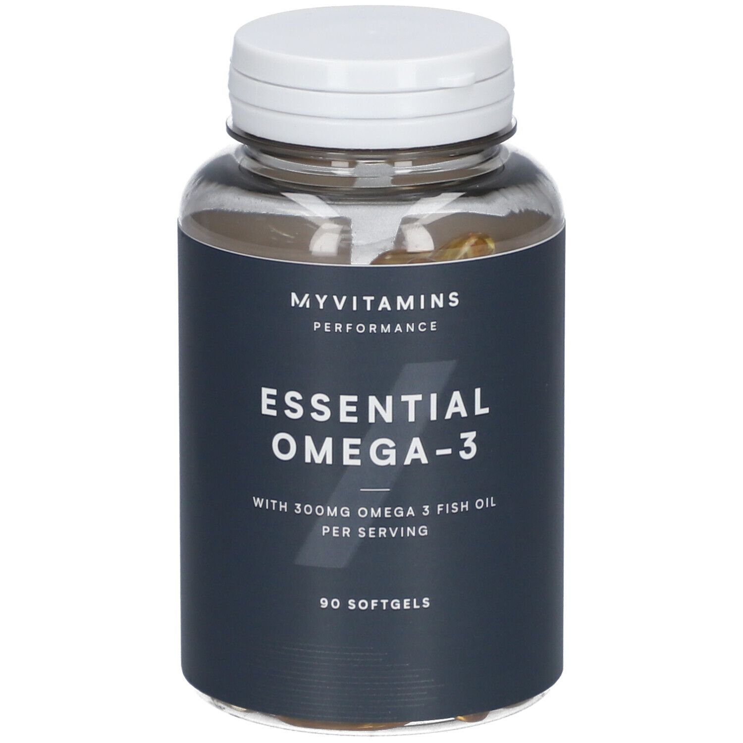 Flacone trasparente con capsule e tappo bianco. L'etichetta indica "Essential Omega-3" e "90 Softgels".