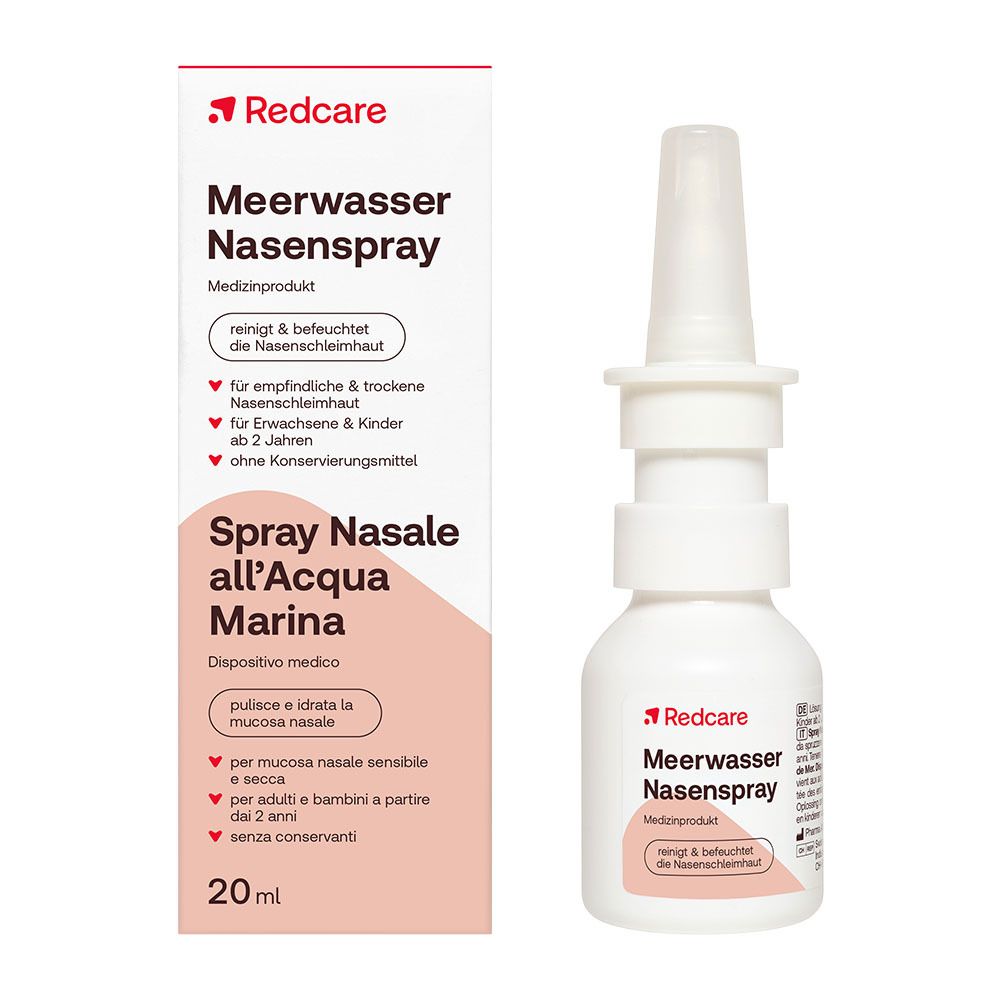 Flacone e confezione di spray nasale all'acqua di mare Redcare, 20ml.