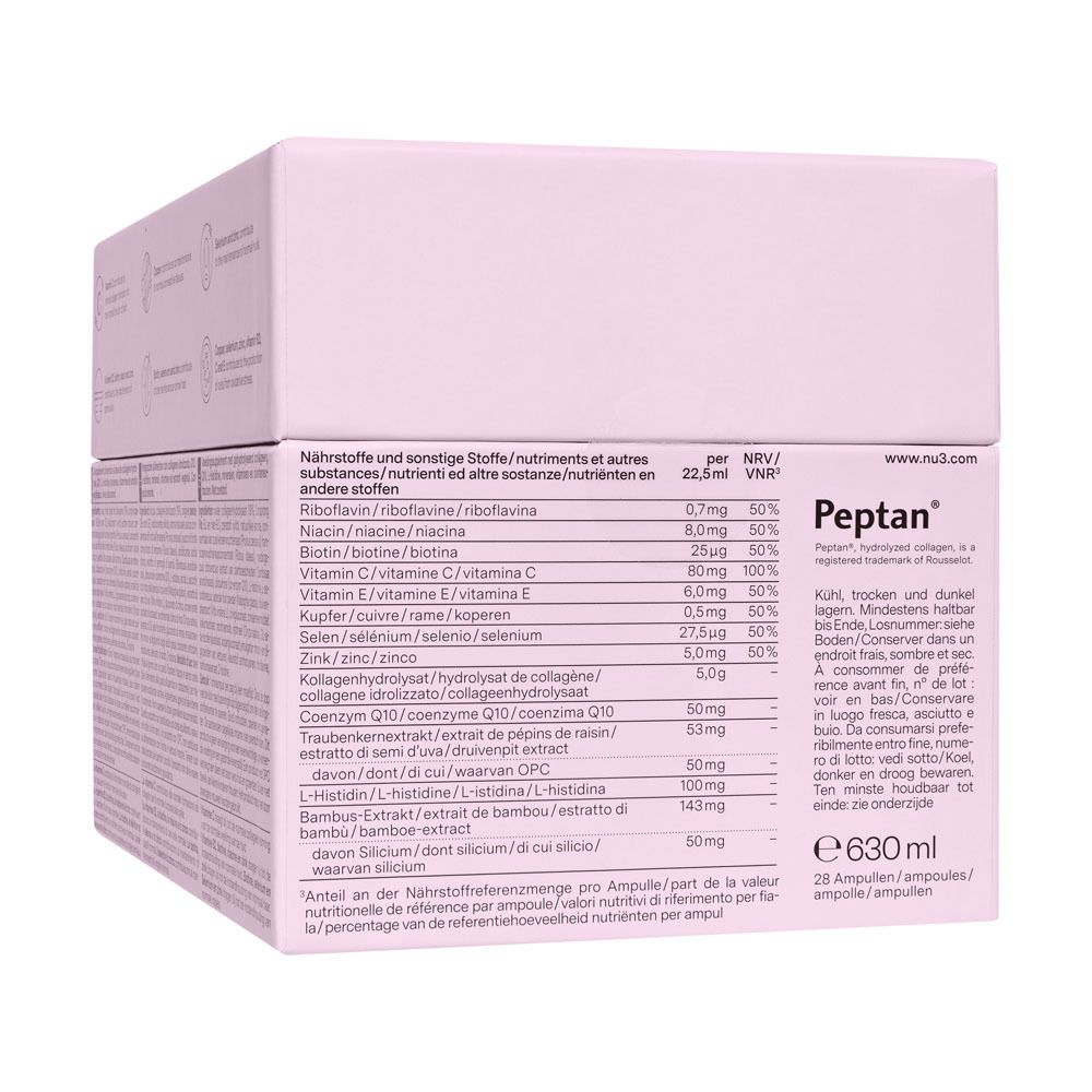 Fiala con tappo bianco. Scritta: "nu3 Collagen Beauty Elixir".