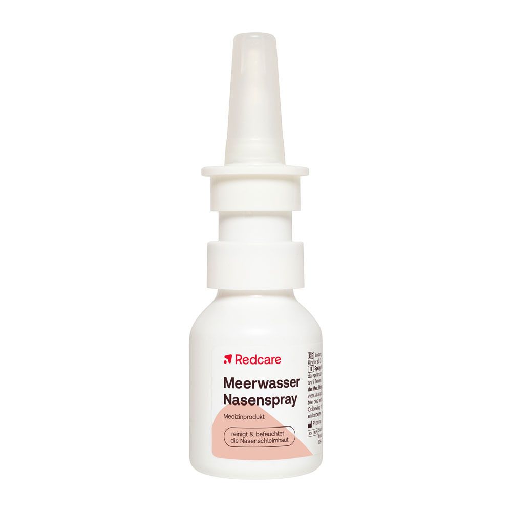 Spray nasale all'acqua marina Redcare, 20ml. Flacone spray bianco con applicatore bianco. Dispositivo medico per la cura del naso.