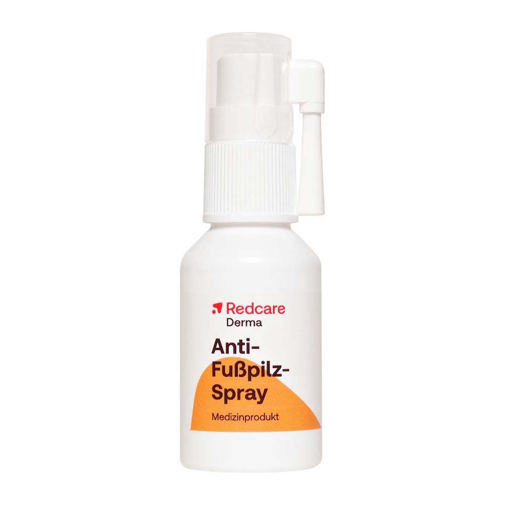 Un flacone bianco di Redcare Derma Anti-Fußpilz-Spray con vaporizzatore. Nome e logo visibili.