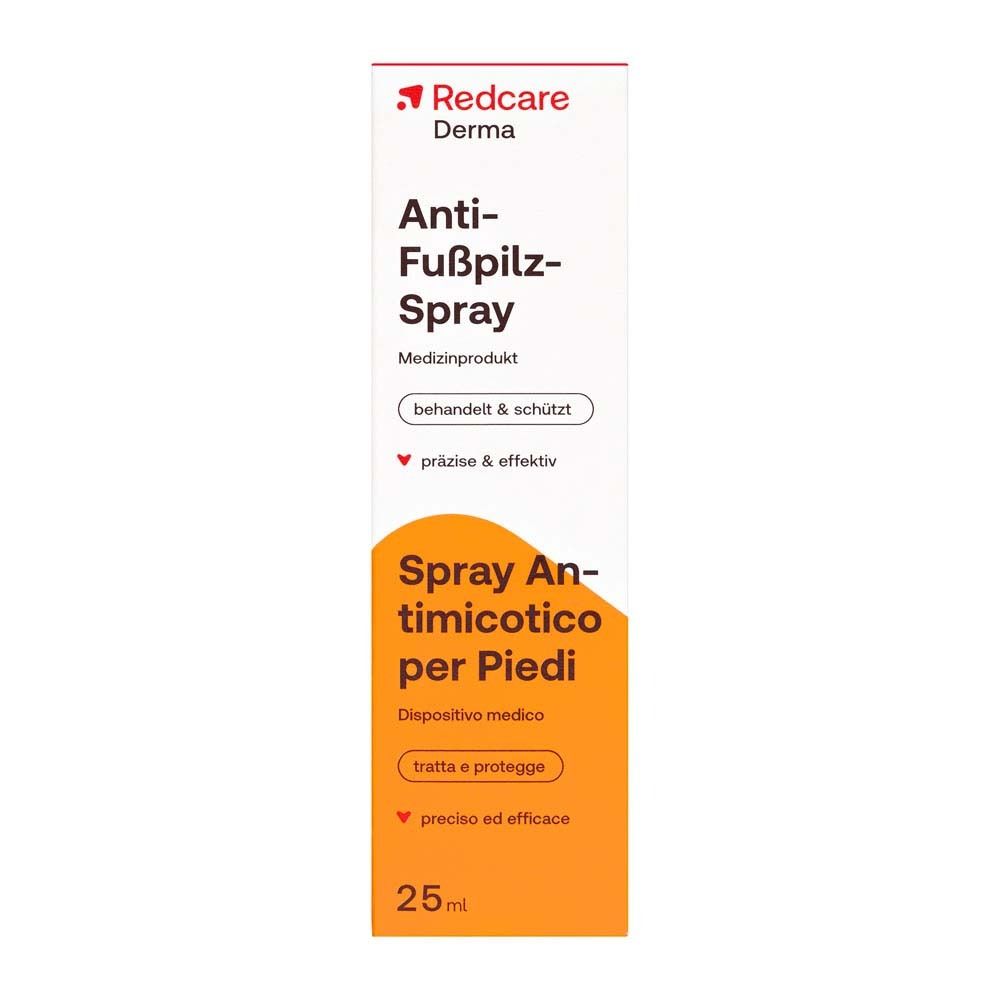 Confezione di Redcare Derma Anti-Fußpilz-Spray. Nome, logo e informazioni visibili.