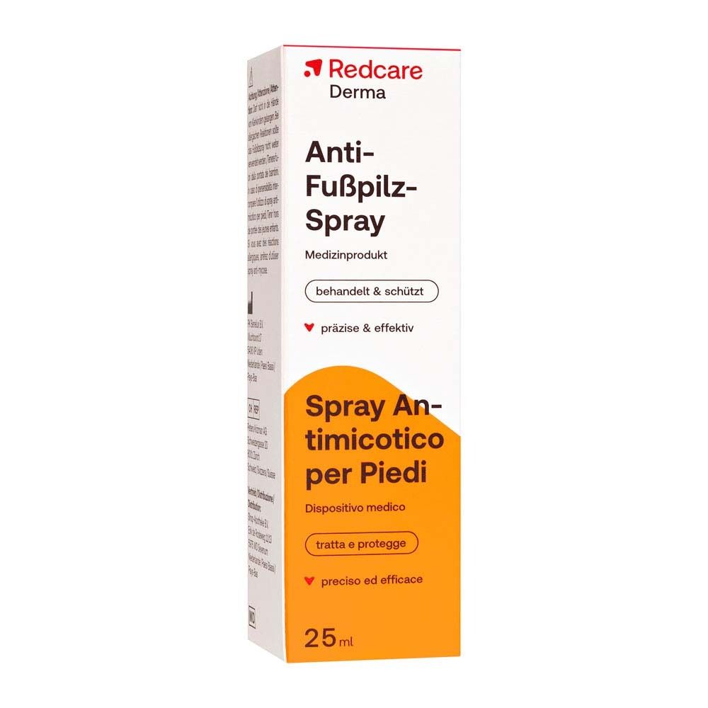 Confezione di Redcare Derma Anti-Fußpilz-Spray. Nome, logo e informazioni visibili.