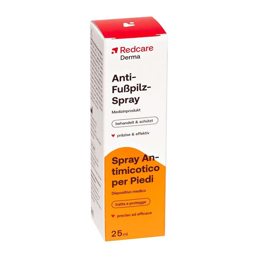 Confezione di Redcare Derma Anti-Fußpilz-Spray. Nome, logo e informazioni visibili.