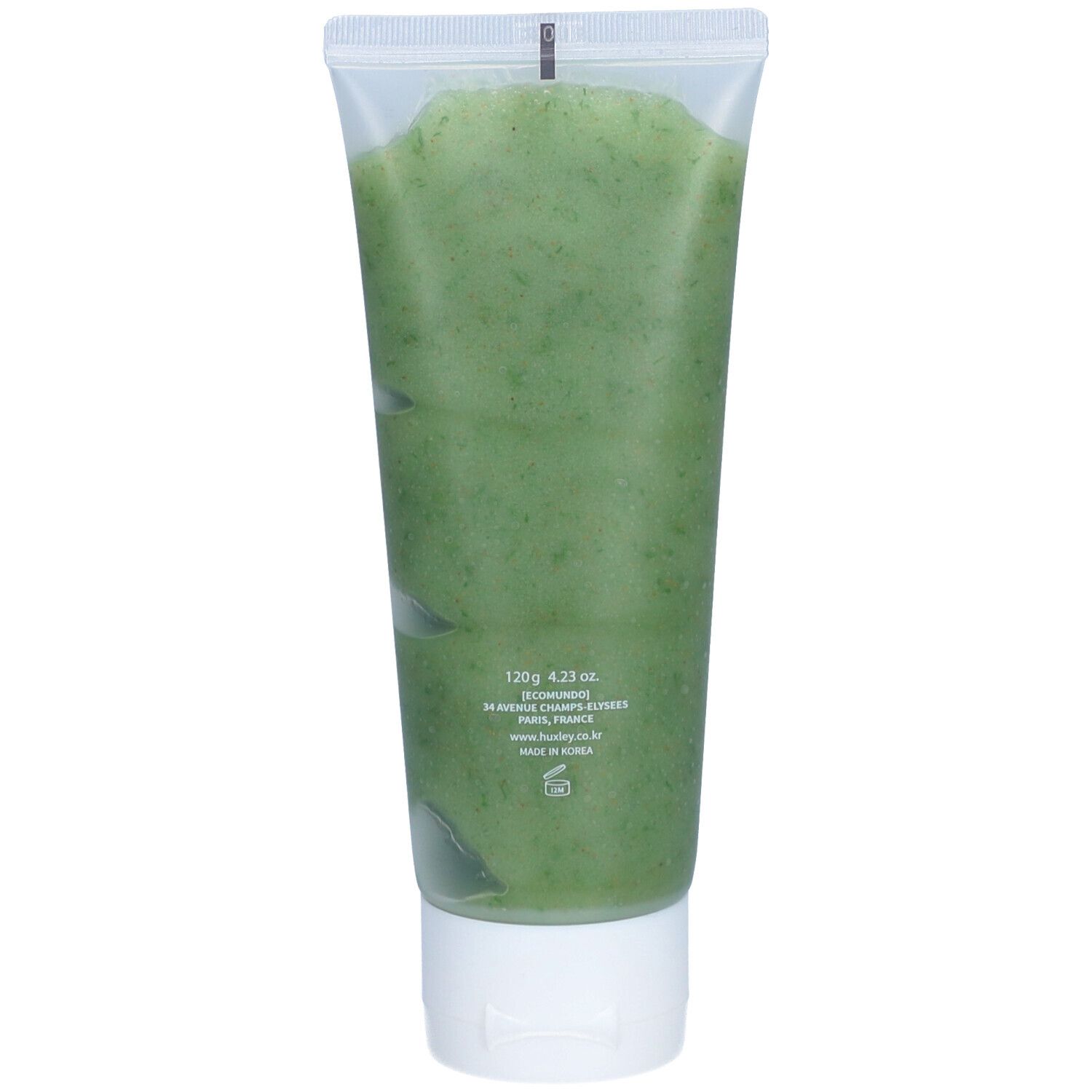 Retro del tubo Huxley Scrub Mask Sweet Therapy con informazioni sul prodotto e paese di produzione.