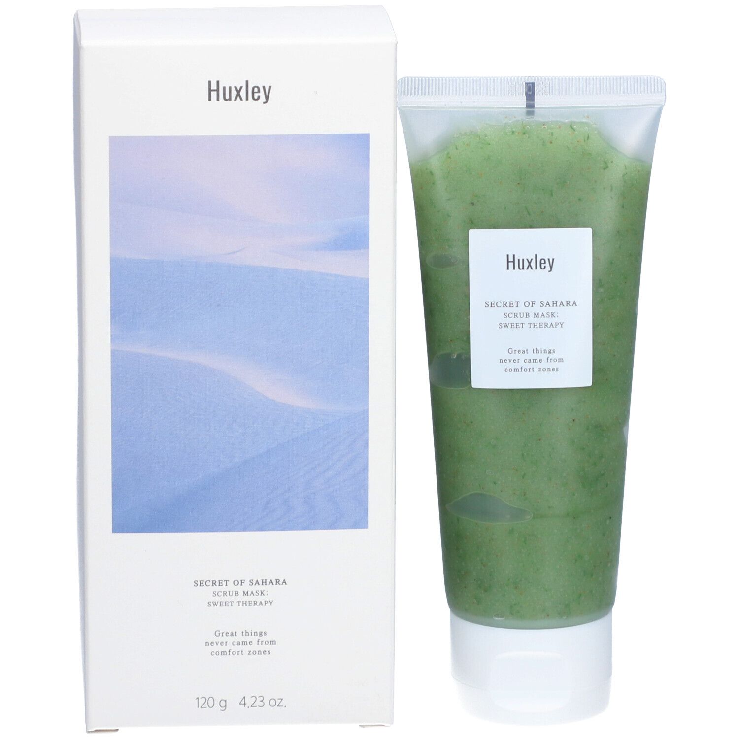 Tubo Huxley Scrub Mask Sweet Therapy accanto alla sua confezione bianca abbinata con motivo desertico.