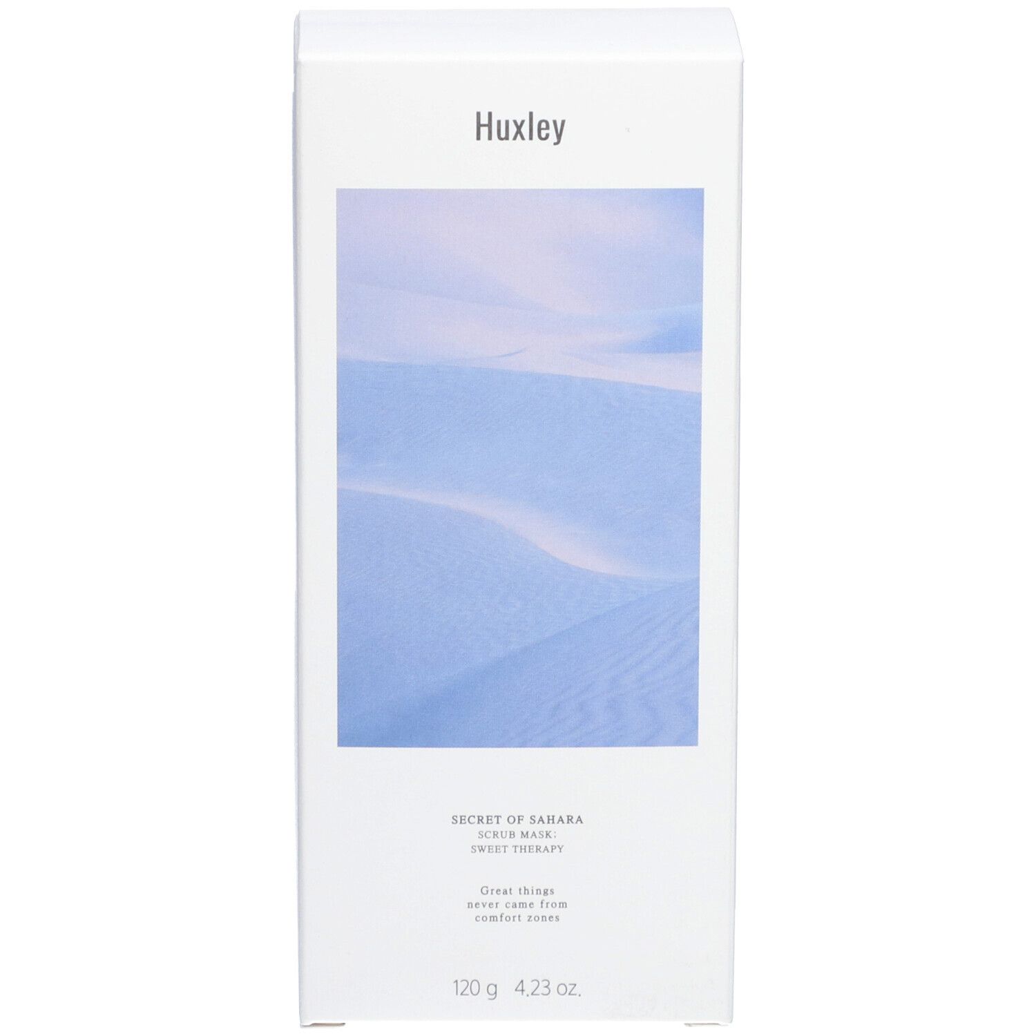 Confezione bianca del Huxley Scrub Mask Sweet Therapy con motivo desertico e informazioni sul prodotto.
