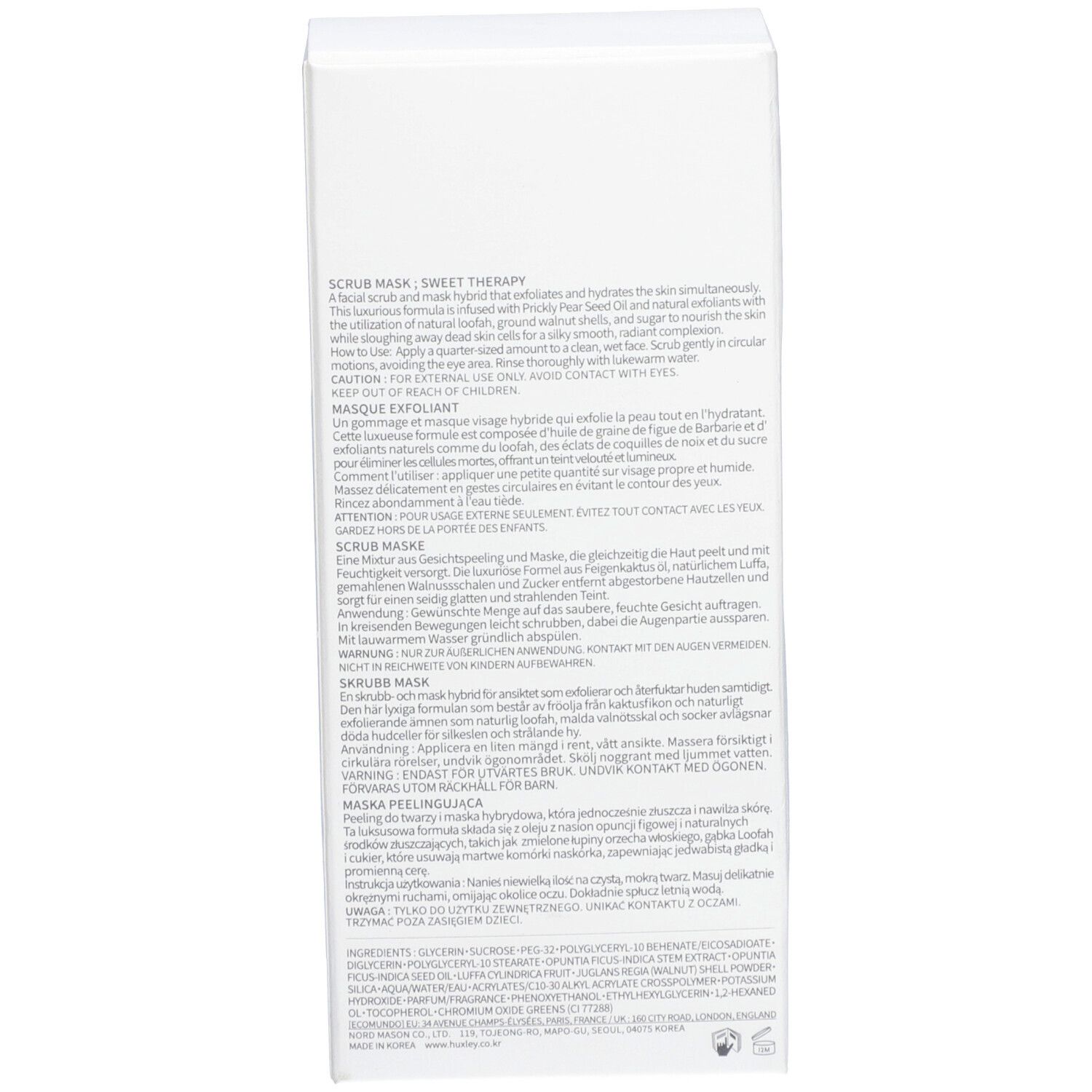 Retro della confezione del Huxley Scrub Mask Sweet Therapy con istruzioni d'uso dettagliate.