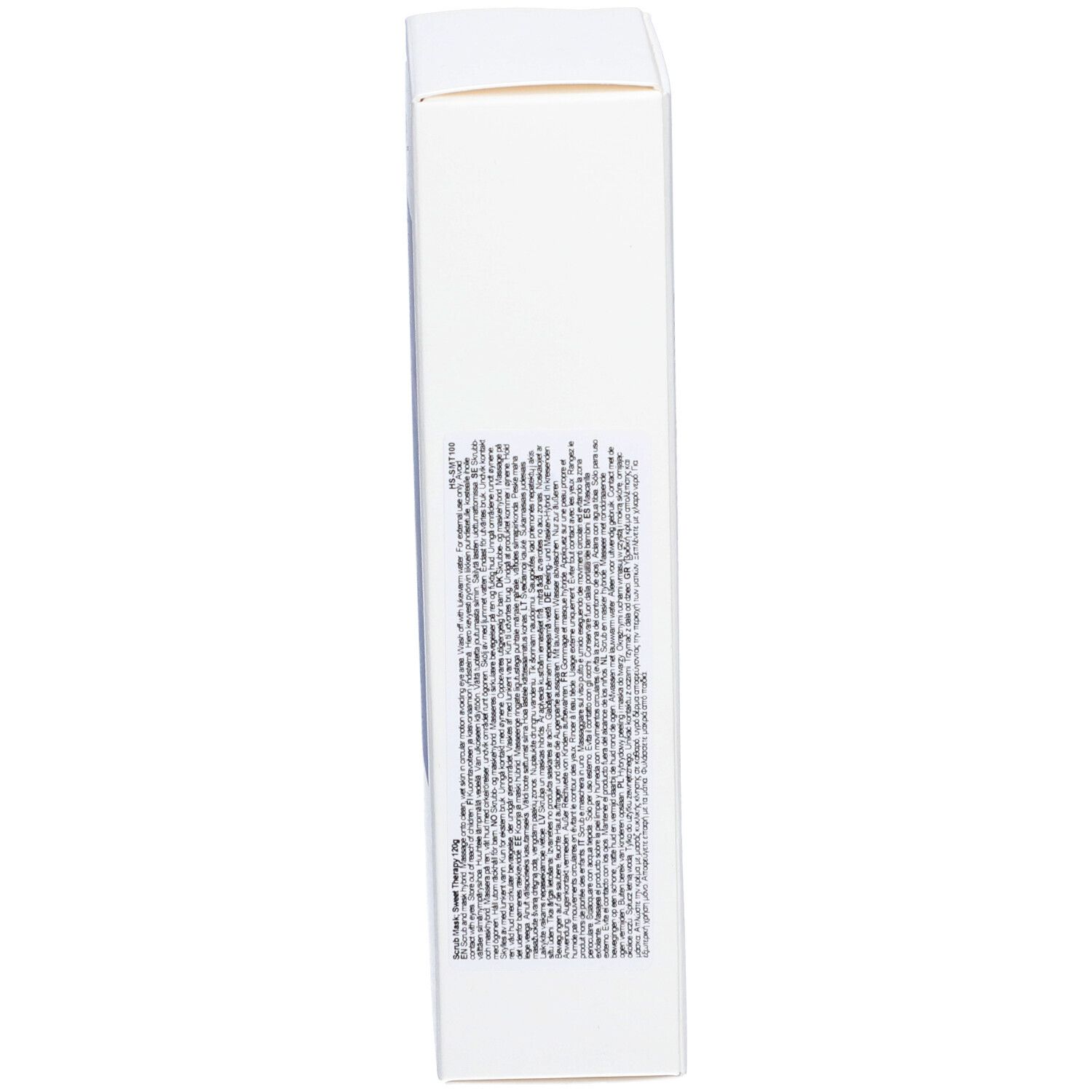 Vista laterale della confezione del Huxley Scrub Mask Sweet Therapy con ingredienti stampati.