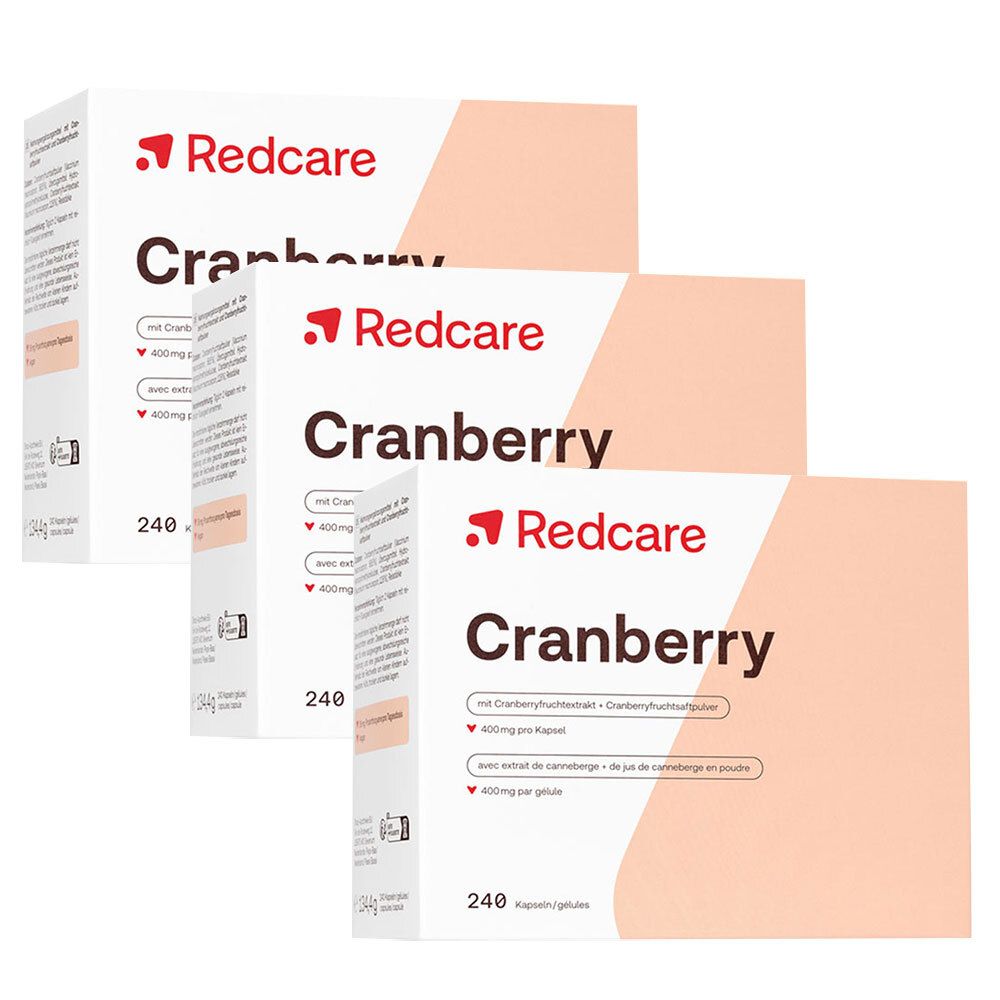 Tre confezioni di Redcare Cranberry. Ogni confezione contiene 240 capsule. Scritta: Cranberry, 400mg per capsula.