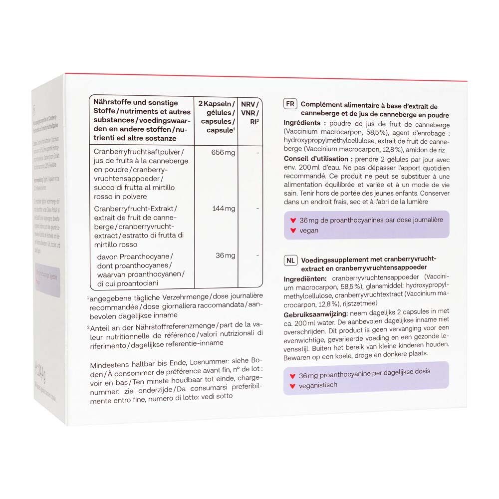 Retro della confezione Redcare Vita Cranberry. Informazioni su ingredienti e dosaggio.