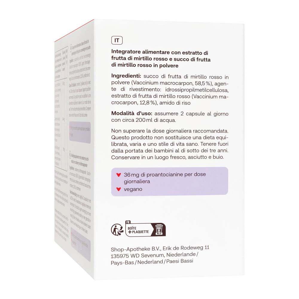 Retro della confezione Redcare Vita Cranberry. Informazioni su ingredienti e utilizzo.
