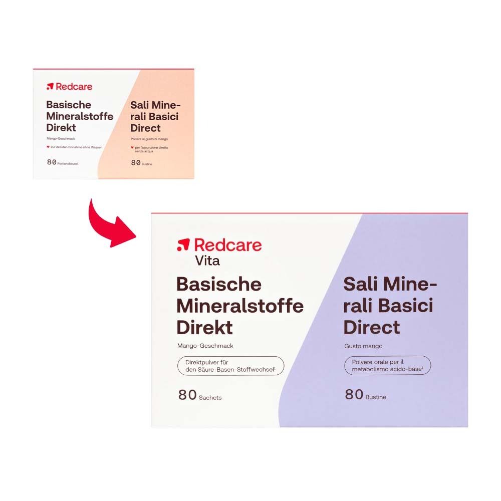 Confezione Redcare Basische Mineralstoffe Direkt. Gusto mango, 80 bustine. Freccia.