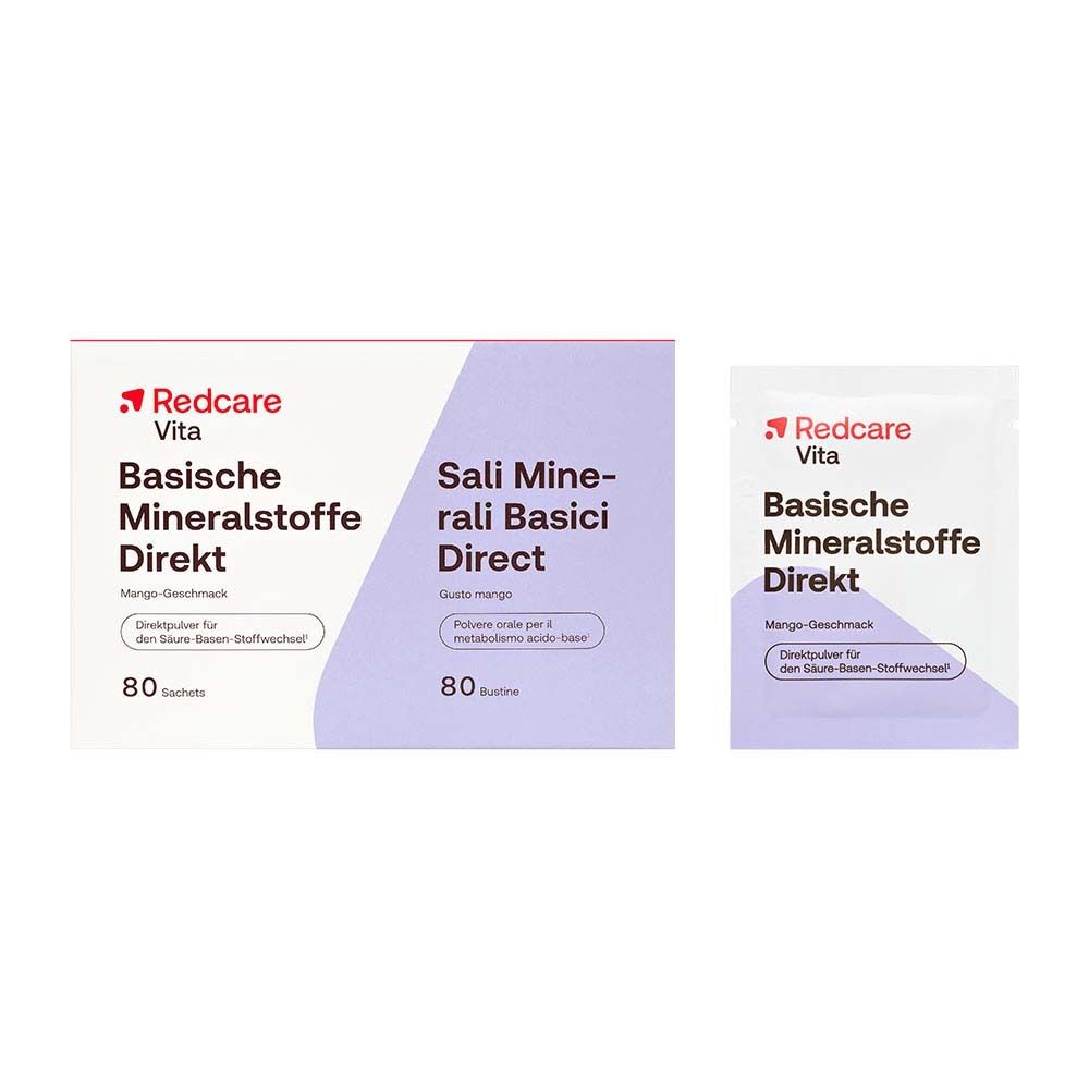 Confezione e bustina Redcare Basische Mineralstoffe Direkt. Gusto mango, 80 bustine.