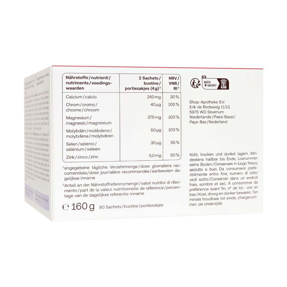 Retro della confezione Redcare Basische Mineralstoffe Direkt. Tabella nutrizionale e testo.