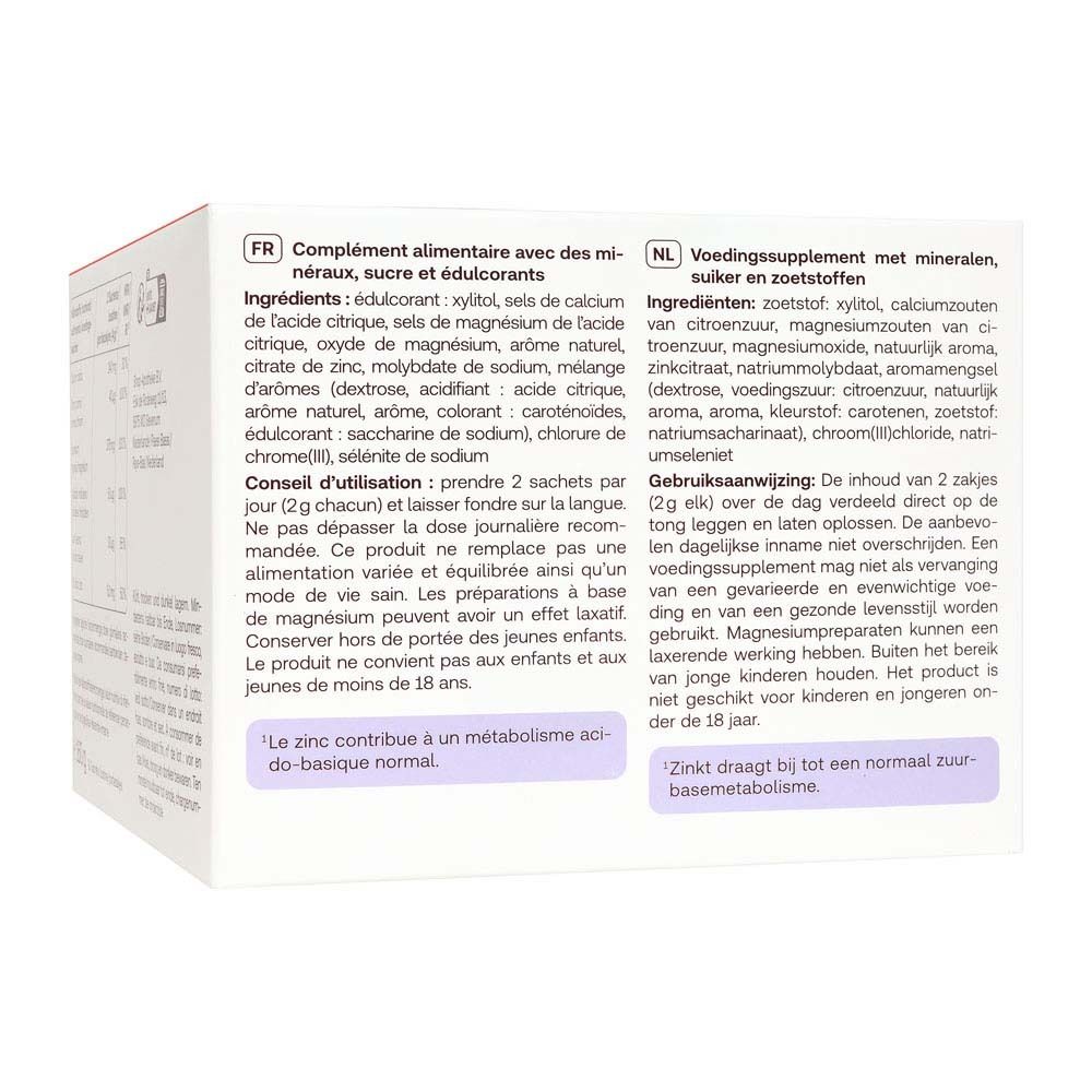 Retro della confezione Redcare Basische Mineralstoffe Direkt. Testo in francese e olandese.