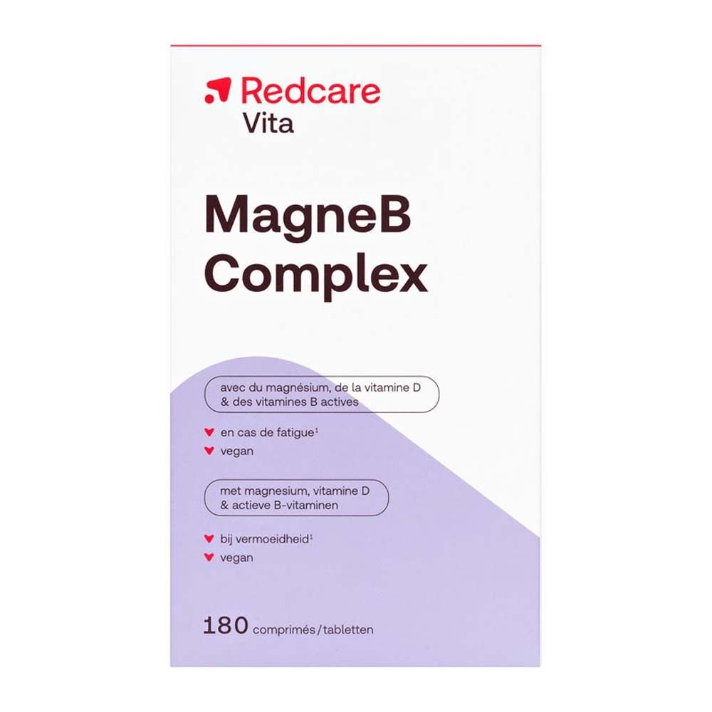 Scatola di Redcare Vita MagneB Complex. Contiene 180 compresse. Scritto: con magnesio, vitamina D e vitamine B attive.