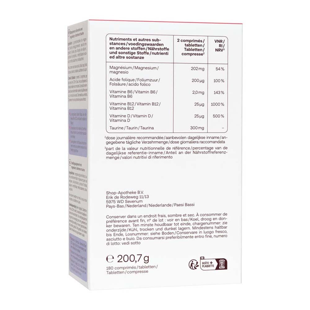 Vista laterale della scatola di Redcare Vita MagneB Complex. Contiene informazioni sugli ingredienti e il dosaggio.