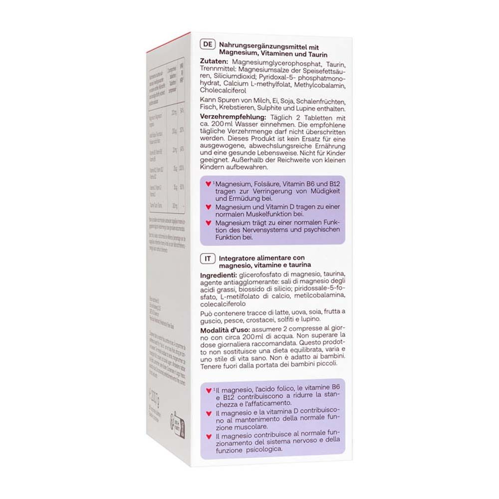 Vista laterale della scatola di Redcare Vita MagneB Complex. Contiene informazioni sugli ingredienti e il dosaggio in più lingue.
