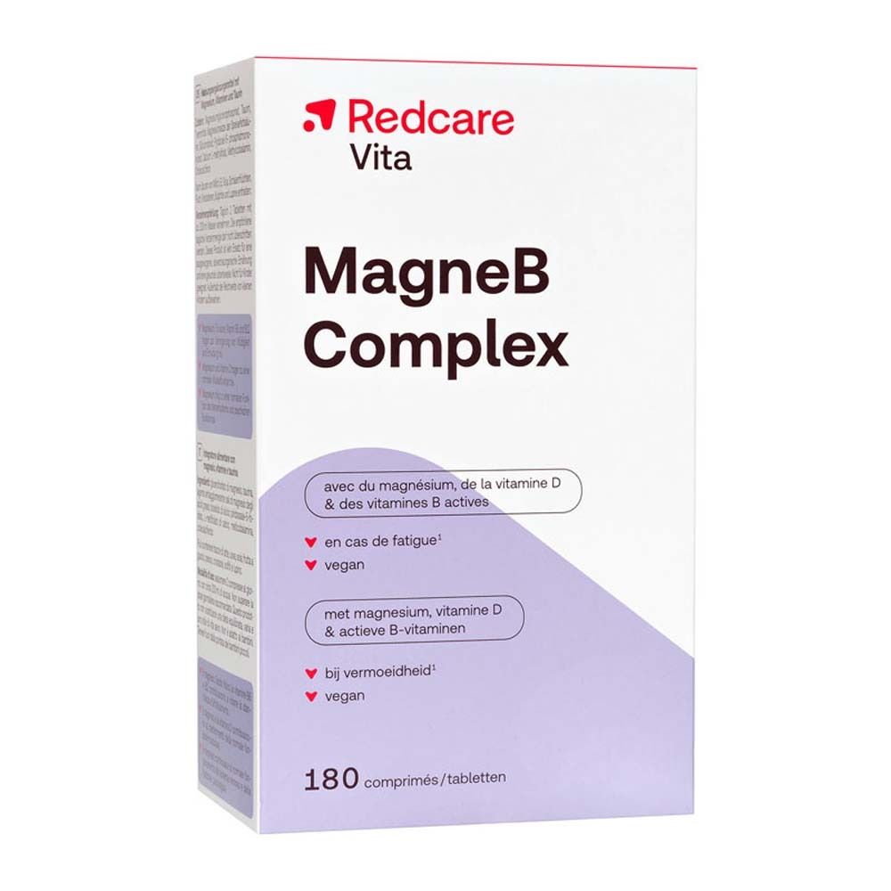 Scatola di Redcare Vita MagneB Complex. Contiene 180 compresse. Scritto: con magnesio, vitamina D e vitamine B attive.